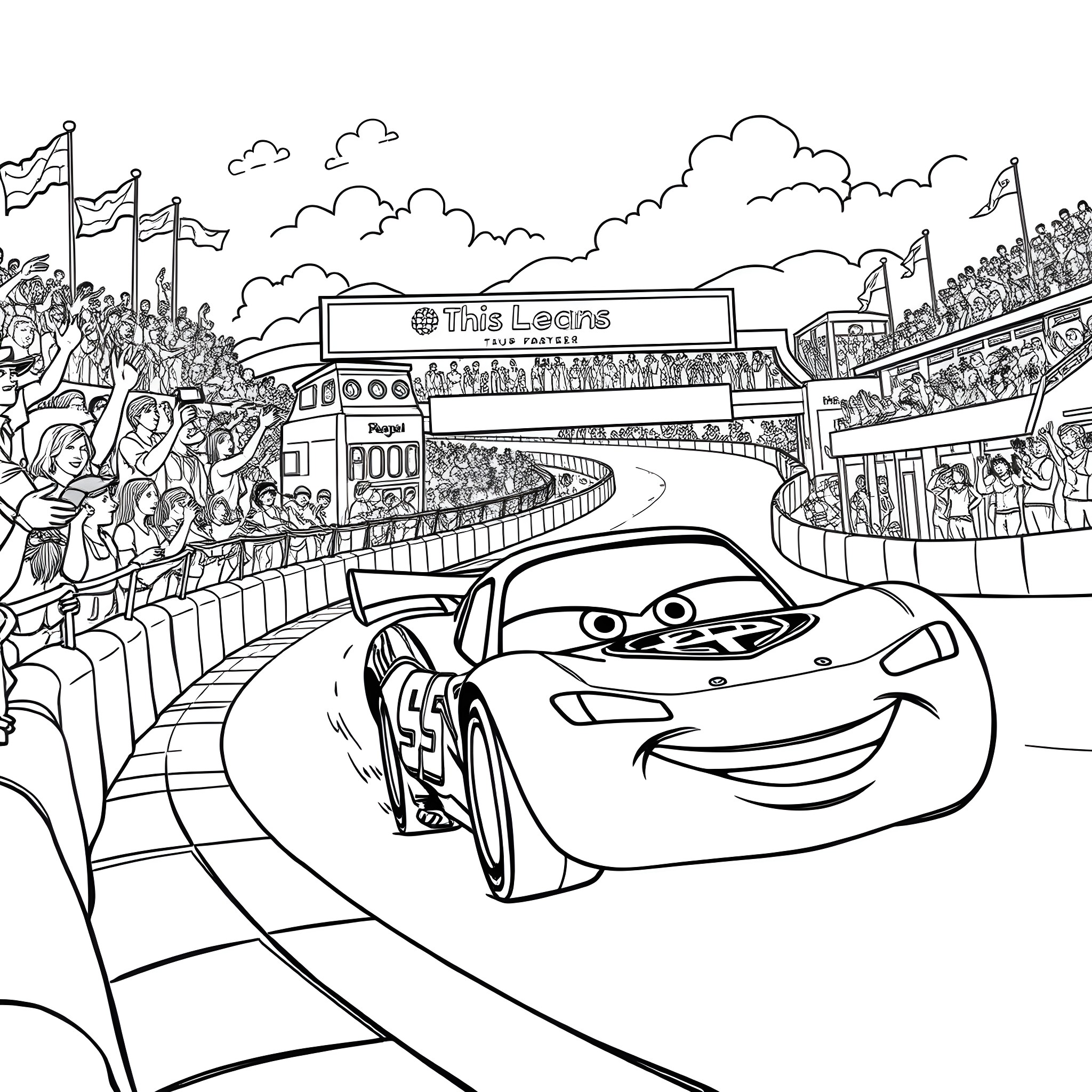 Lightning McQueen racing at The Pits Coloring Page (free black-and-white line drawing printable PDF for all, from beginners to advanced learners, including children, teens, adults, and seniors)