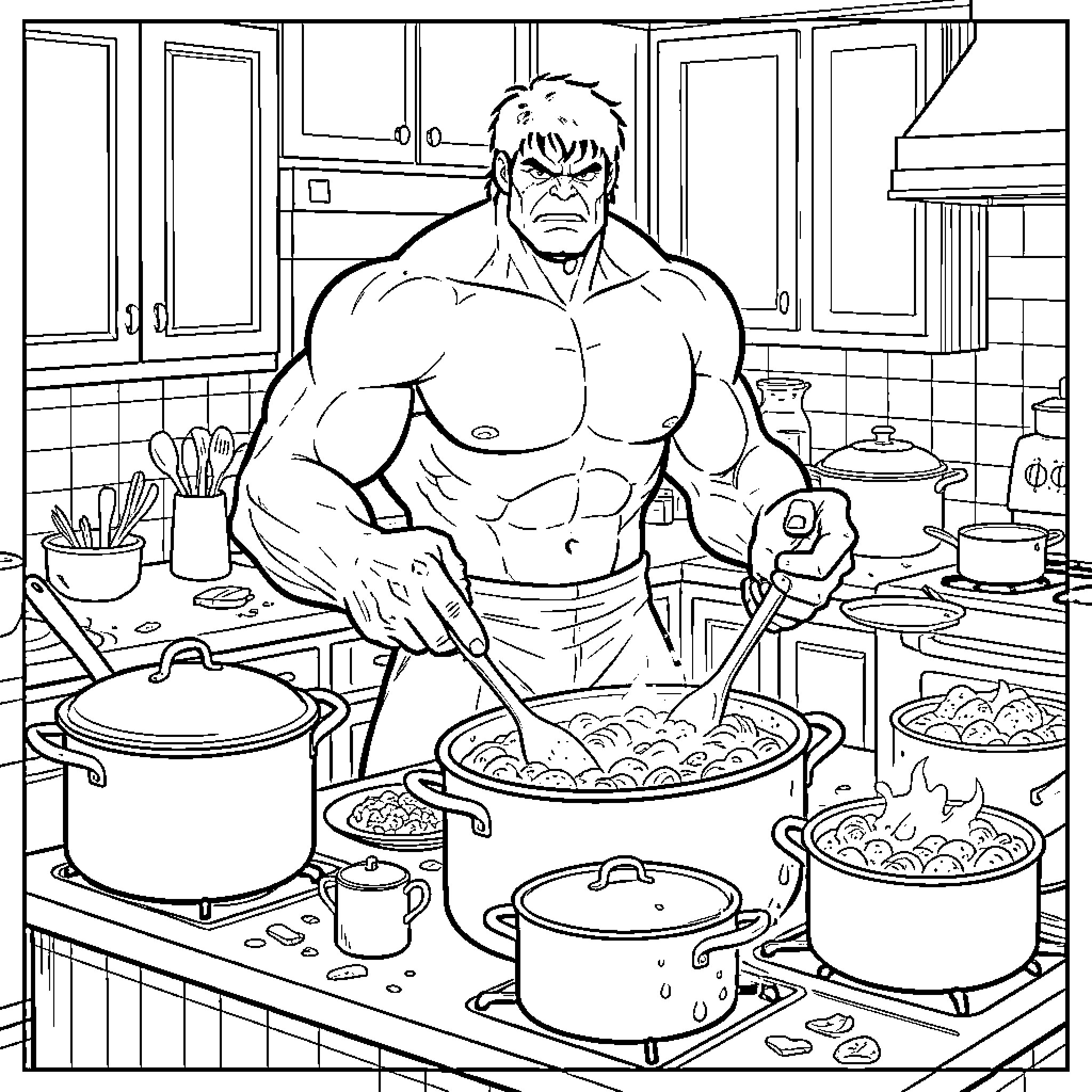 Hulk cooking food in a busy kitchen Coloring Page (free black-and-white line drawing printable PDF for all, from beginners to advanced learners, including children, teens, adults, and seniors)