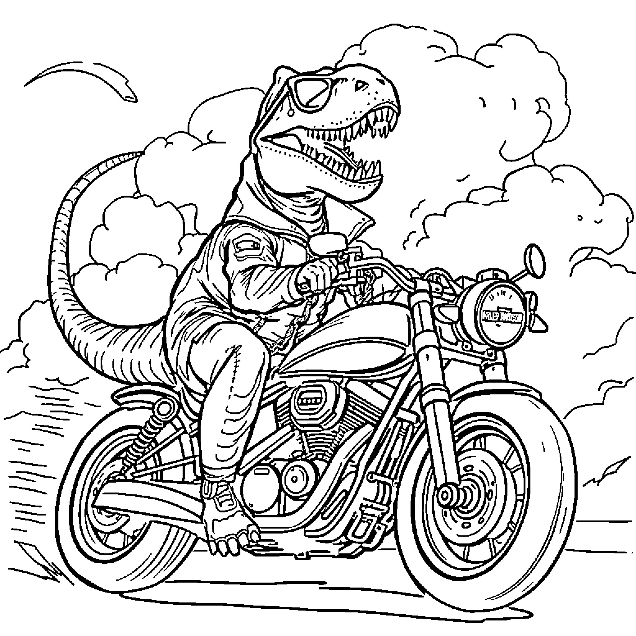 Velociraptor riding a motorcycle through the clouds Coloring Page (free black-and-white line drawing printable PDF for all, from beginners to advanced learners, including children, teens, adults, and seniors)
