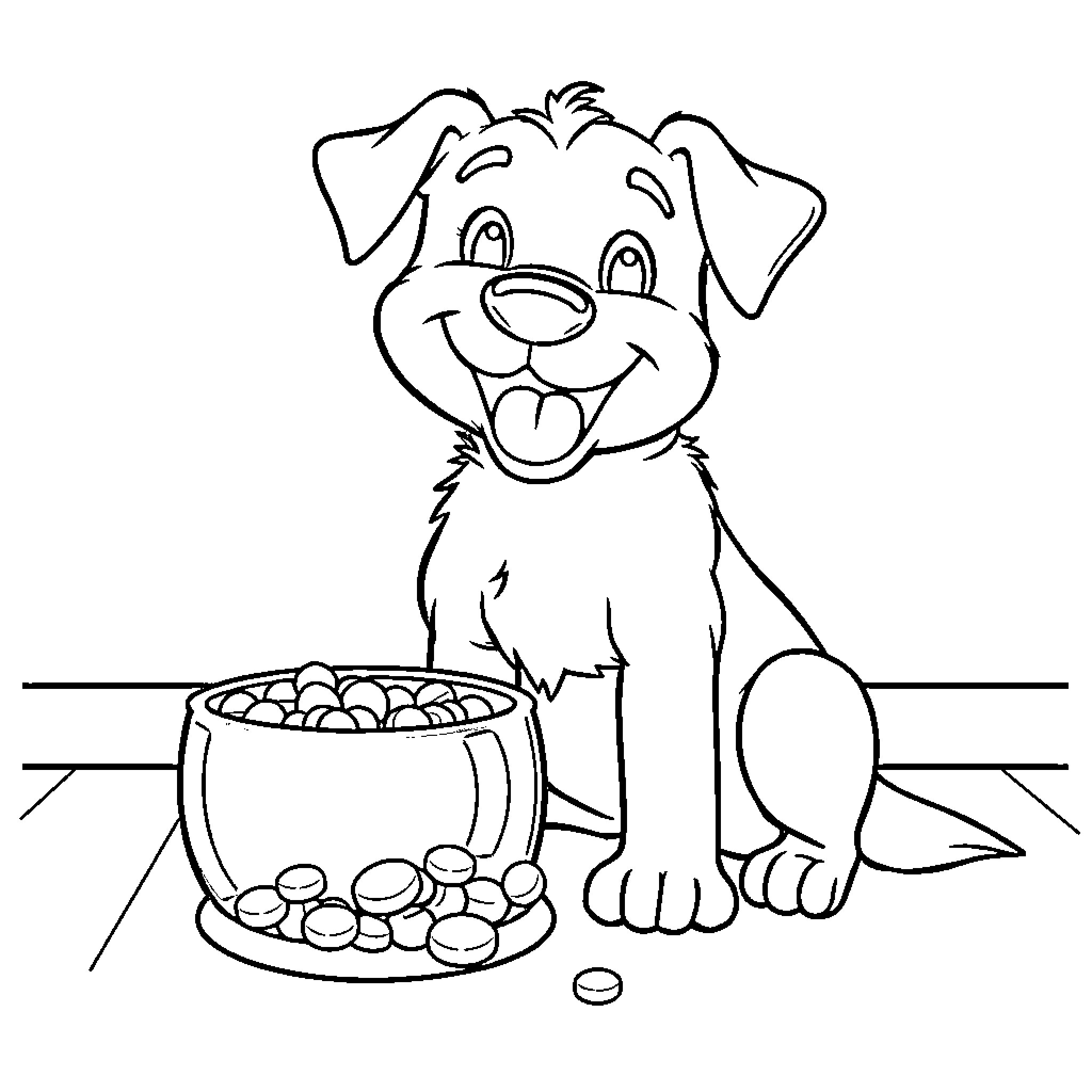 Dog enjoying a bowl of treats Coloring Page (free black-and-white line drawing printable PDF for all, from beginners to advanced learners, including children, teens, adults, and seniors)