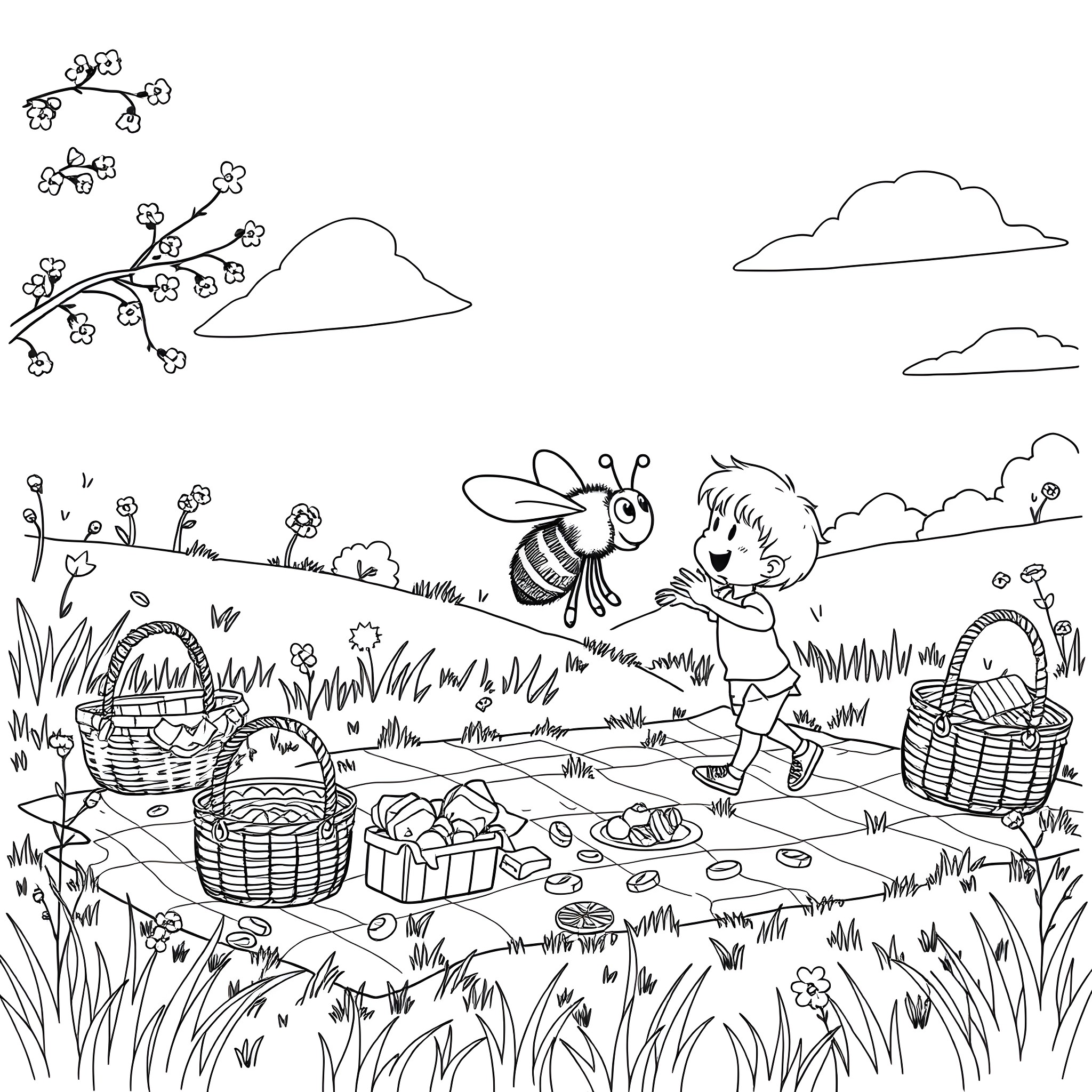 Bee Enjoying the Outdoors with a Picnic Coloring Page (free black-and-white line drawing printable PDF for all, from beginners to advanced learners, including children, teens, adults, and seniors)