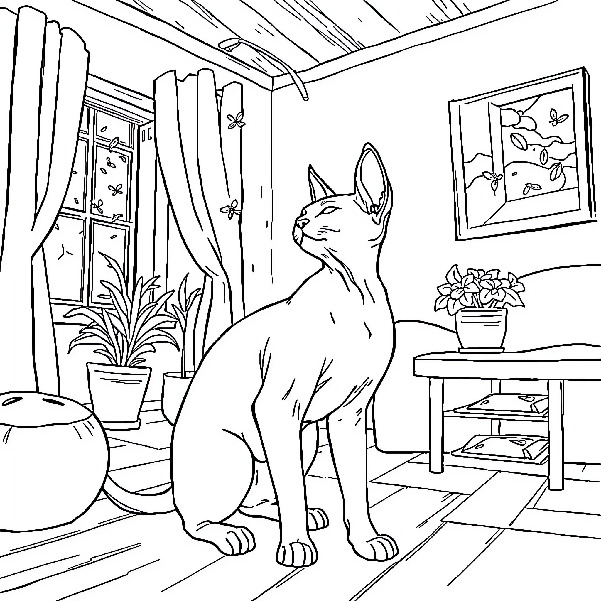 Sphinx Cat Observing Cozy Interior Scene Coloring Page (free black-and-white line drawing printable PDF for all, from beginners to advanced learners, including children, teens, adults, and seniors)