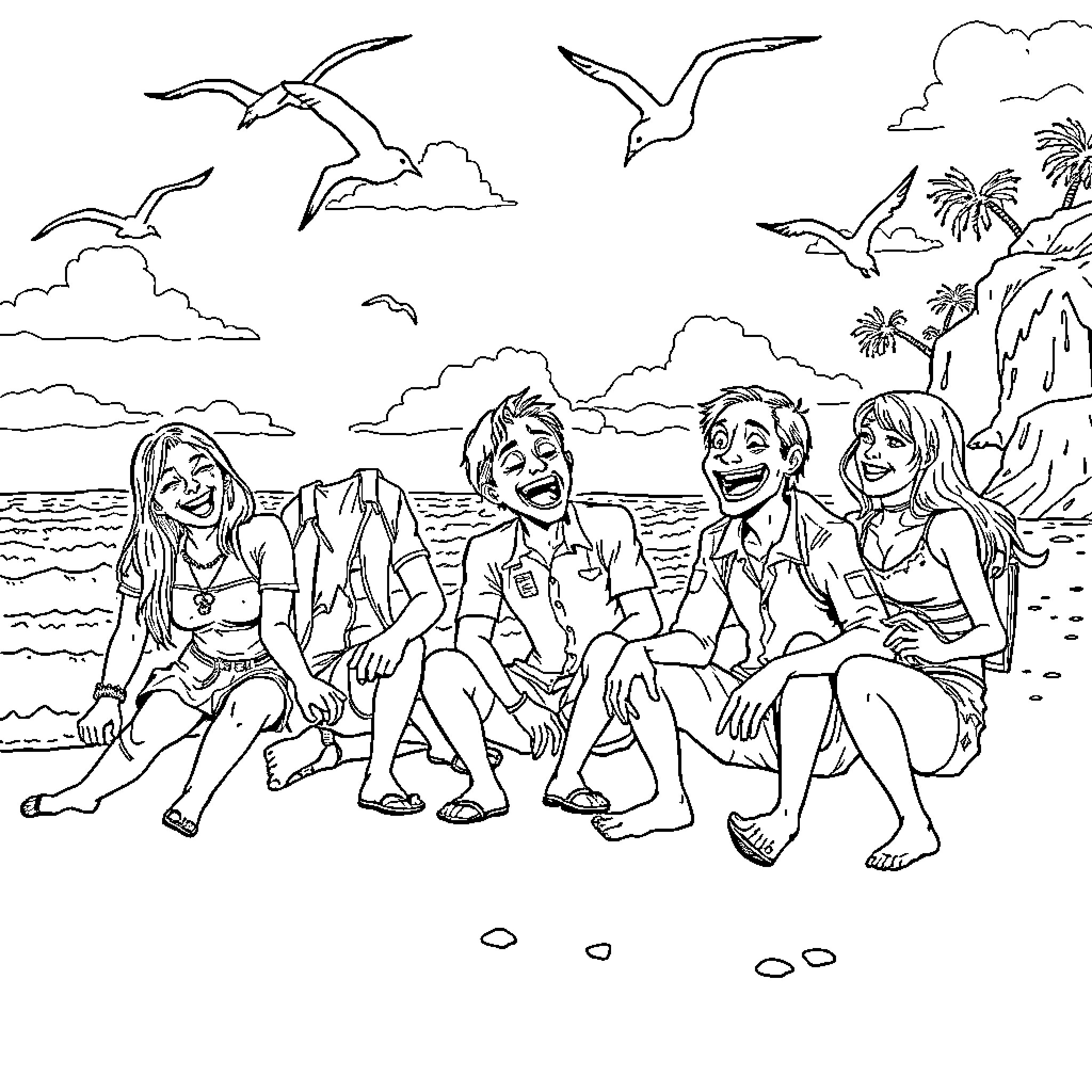 Characters enjoying a day at the beach Coloring Page (free black-and-white line drawing printable PDF for all, from beginners to advanced learners, including children, teens, adults, and seniors)