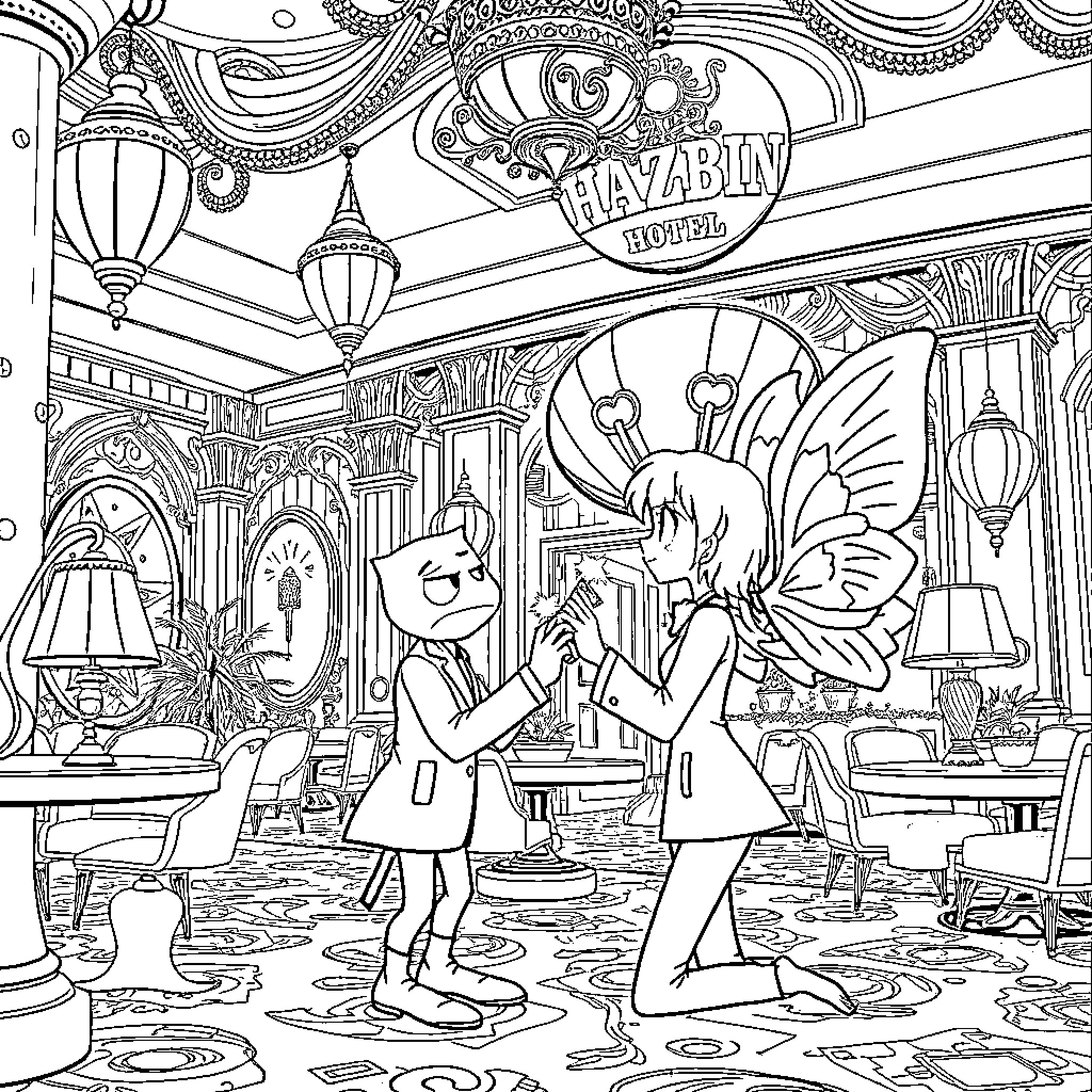 Husk of a Whimsical Hotel Scene Coloring Page (free black-and-white line drawing printable PDF for all, from beginners to advanced learners, including children, teens, adults, and seniors)