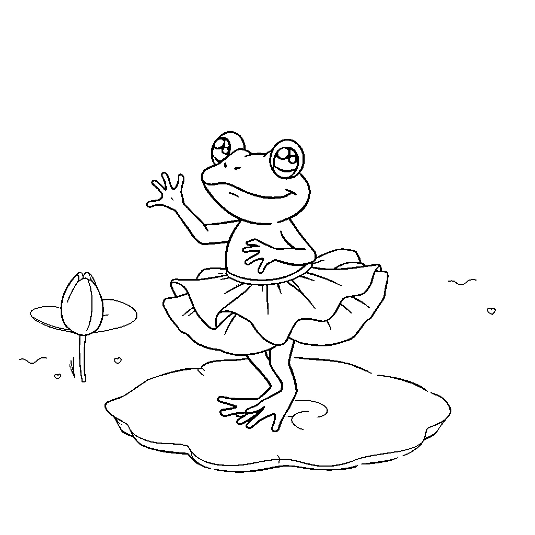 Frog dancing on a lily pad Coloring Page (free black-and-white line drawing printable PDF for all, from beginners to advanced learners, including children, teens, adults, and seniors)
