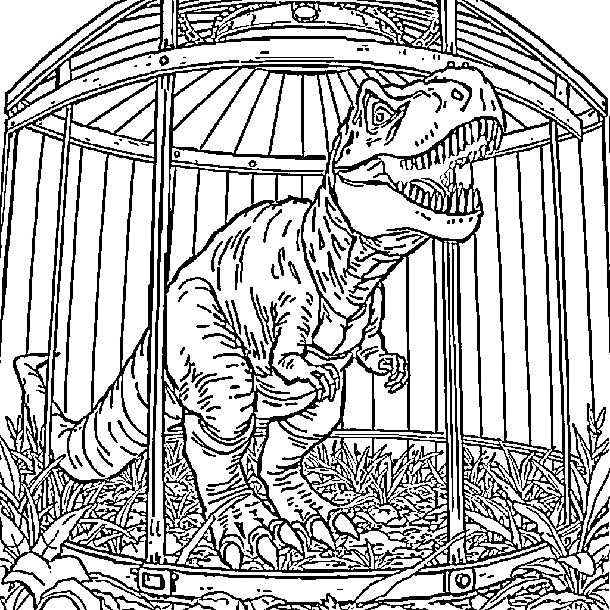 Dinosaur in captivity within enclosure Coloring Page (free black-and-white line drawing printable PDF for all, from beginners to advanced learners, including children, teens, adults, and seniors)