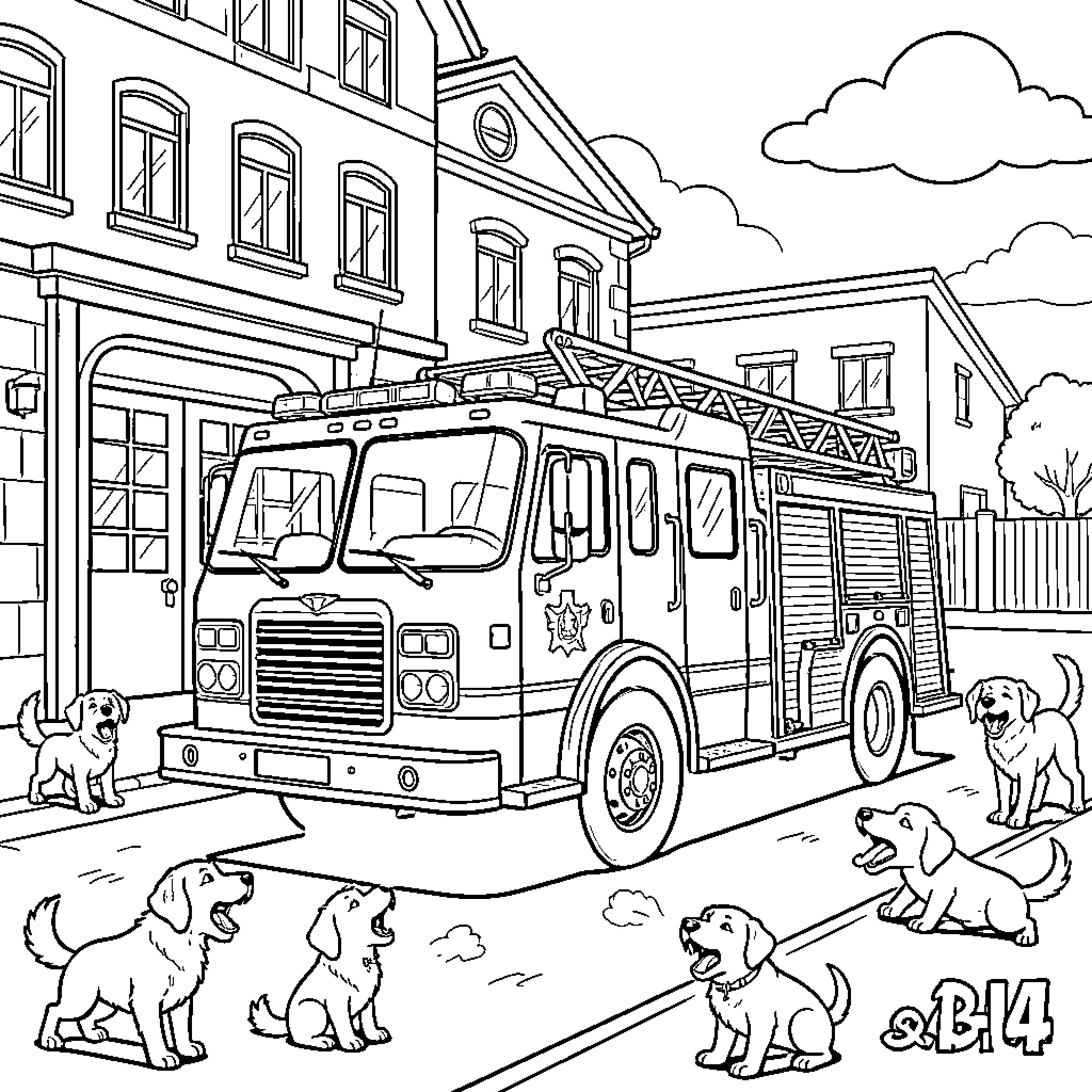 Fire Truck parked on a street with friendly dogs Coloring Page (free black-and-white line drawing printable PDF for all, from beginners to advanced learners, including children, teens, adults, and seniors)