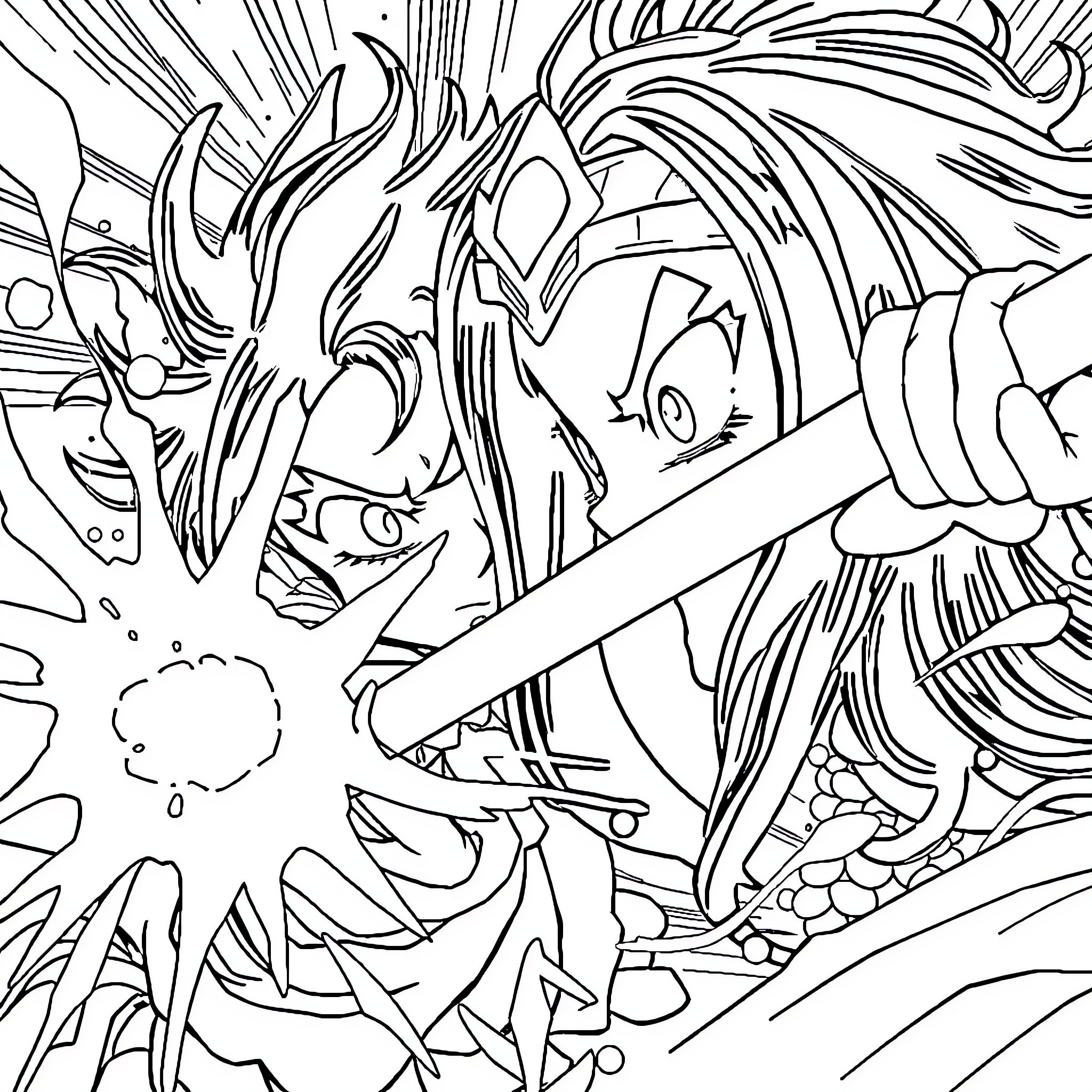 Nezuko's Fierce Battle Stance Coloring Page (free black-and-white line drawing printable PDF for all, from beginners to advanced learners, including children, teens, adults, and seniors)