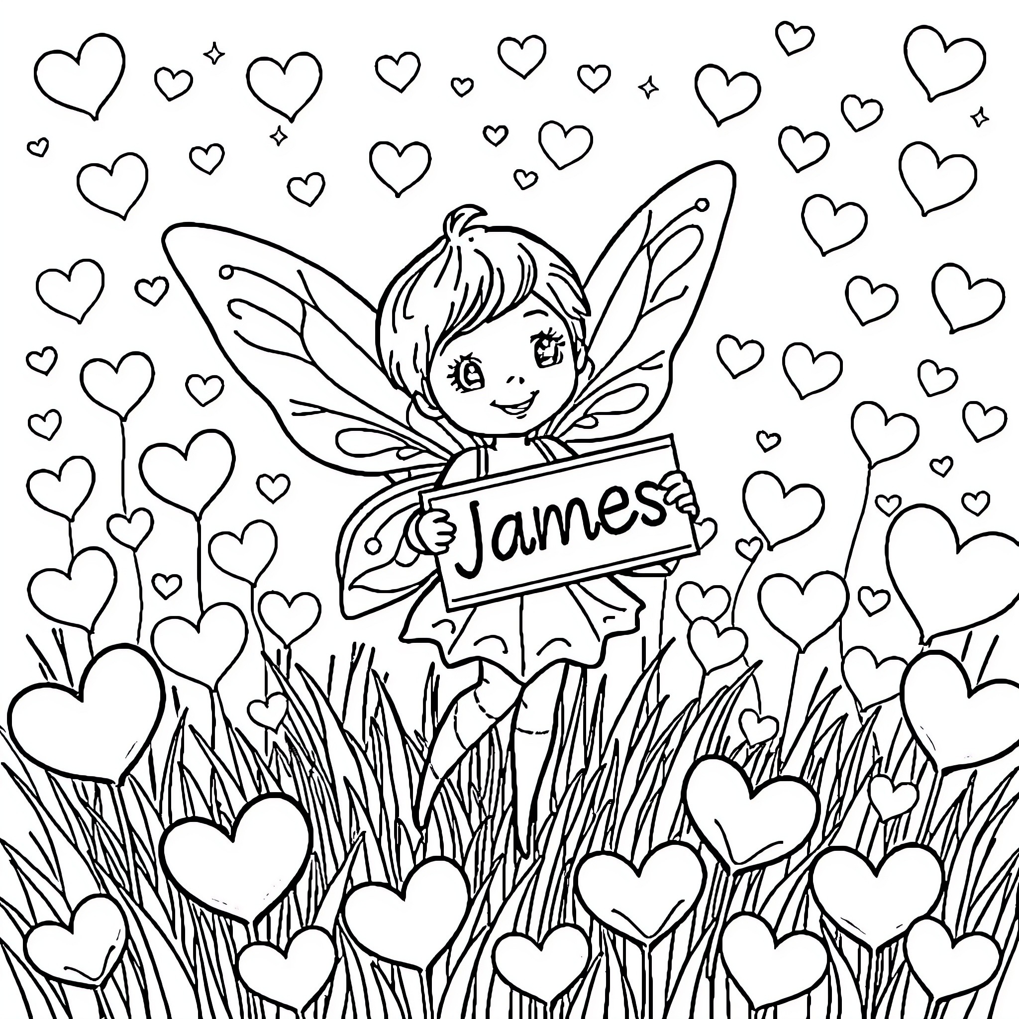 Fairy holding a name sign in a heart-filled field Coloring Page (free black-and-white line drawing printable PDF for all, from beginners to advanced learners, including children, teens, adults, and seniors)