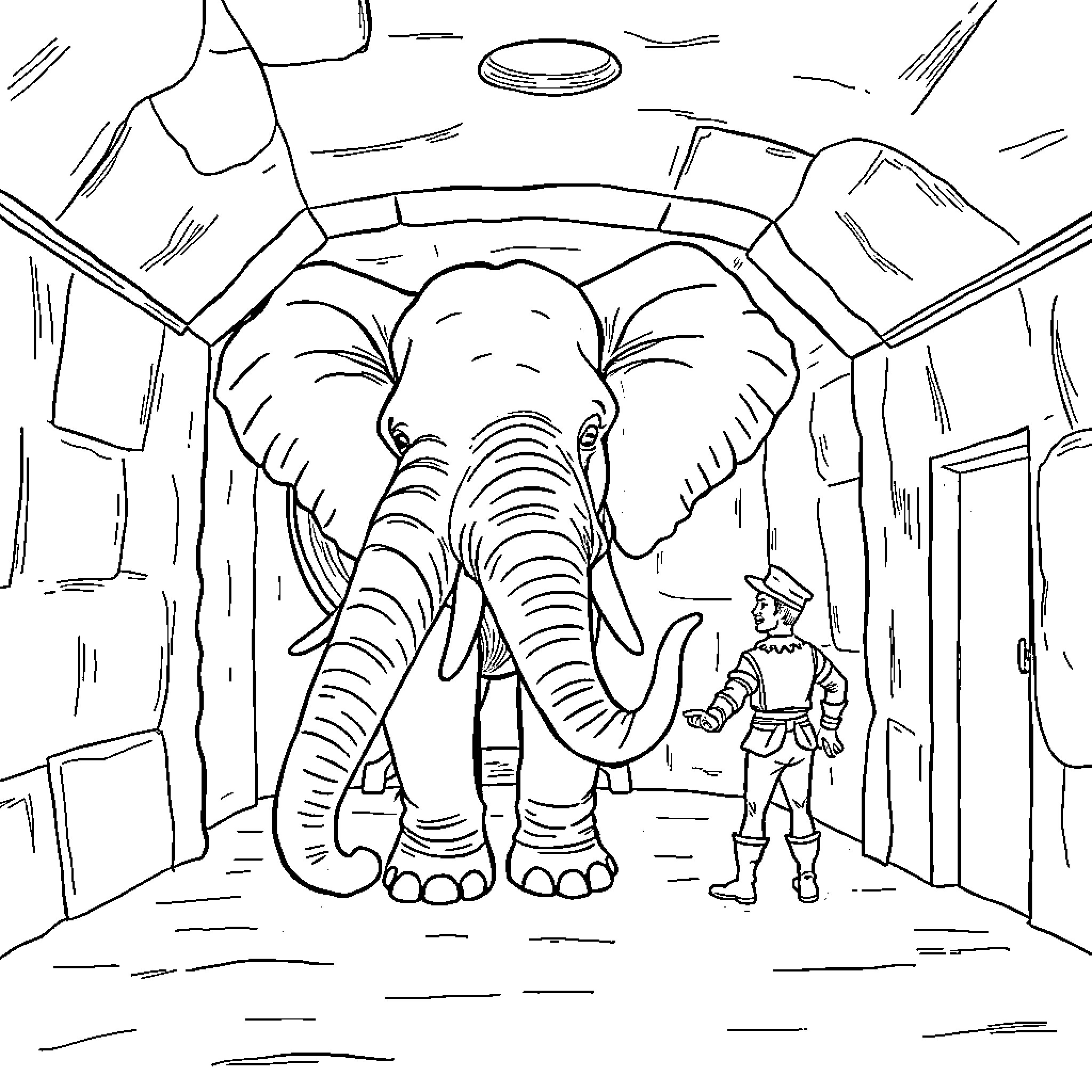 Elephant Towering Over a Small Figure Coloring Page (free black-and-white line drawing printable PDF for all, from beginners to advanced learners, including children, teens, adults, and seniors)