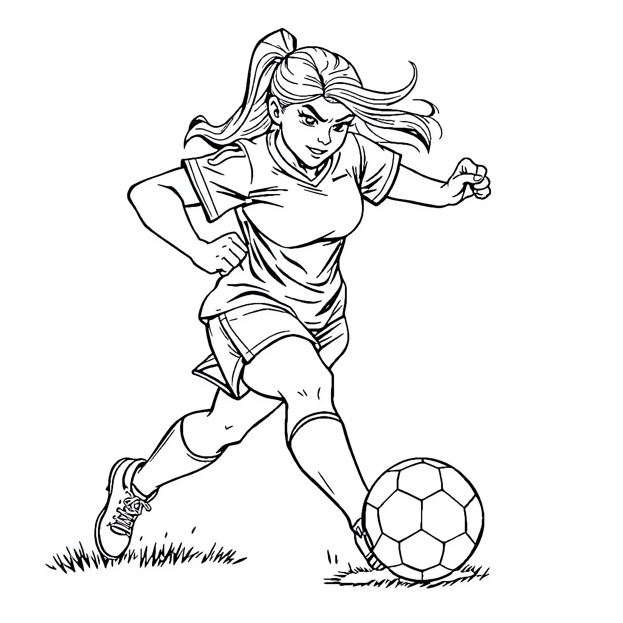 Soccer Girl Dribbling the Ball with Determination Coloring Page (free black-and-white line drawing printable PDF for all, from beginners to advanced learners, including children, teens, adults, and seniors)