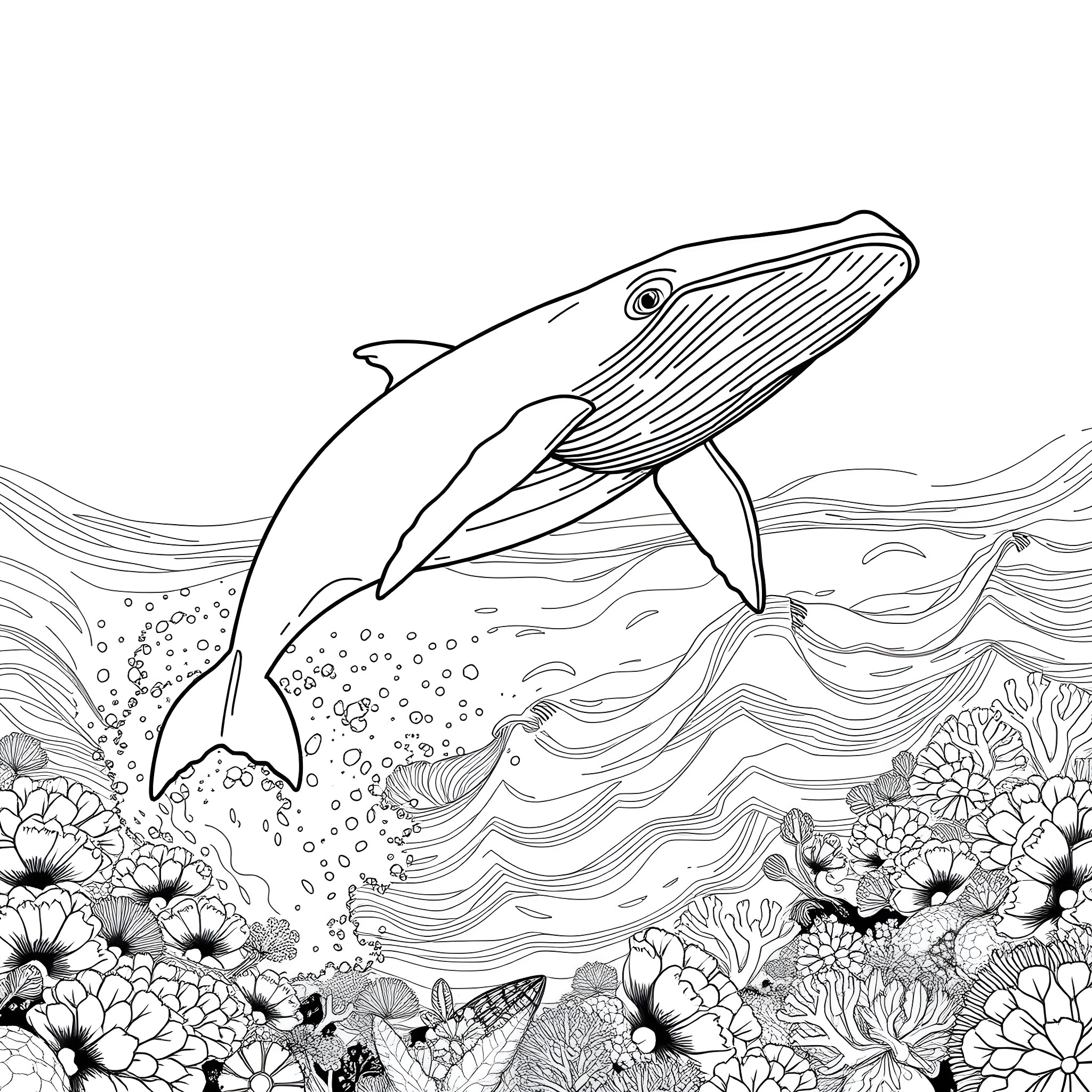 Humpback Whale Leaping Through Coral Reef Coloring Page (free black-and-white line drawing printable PDF for all, from beginners to advanced learners, including children, teens, adults, and seniors)