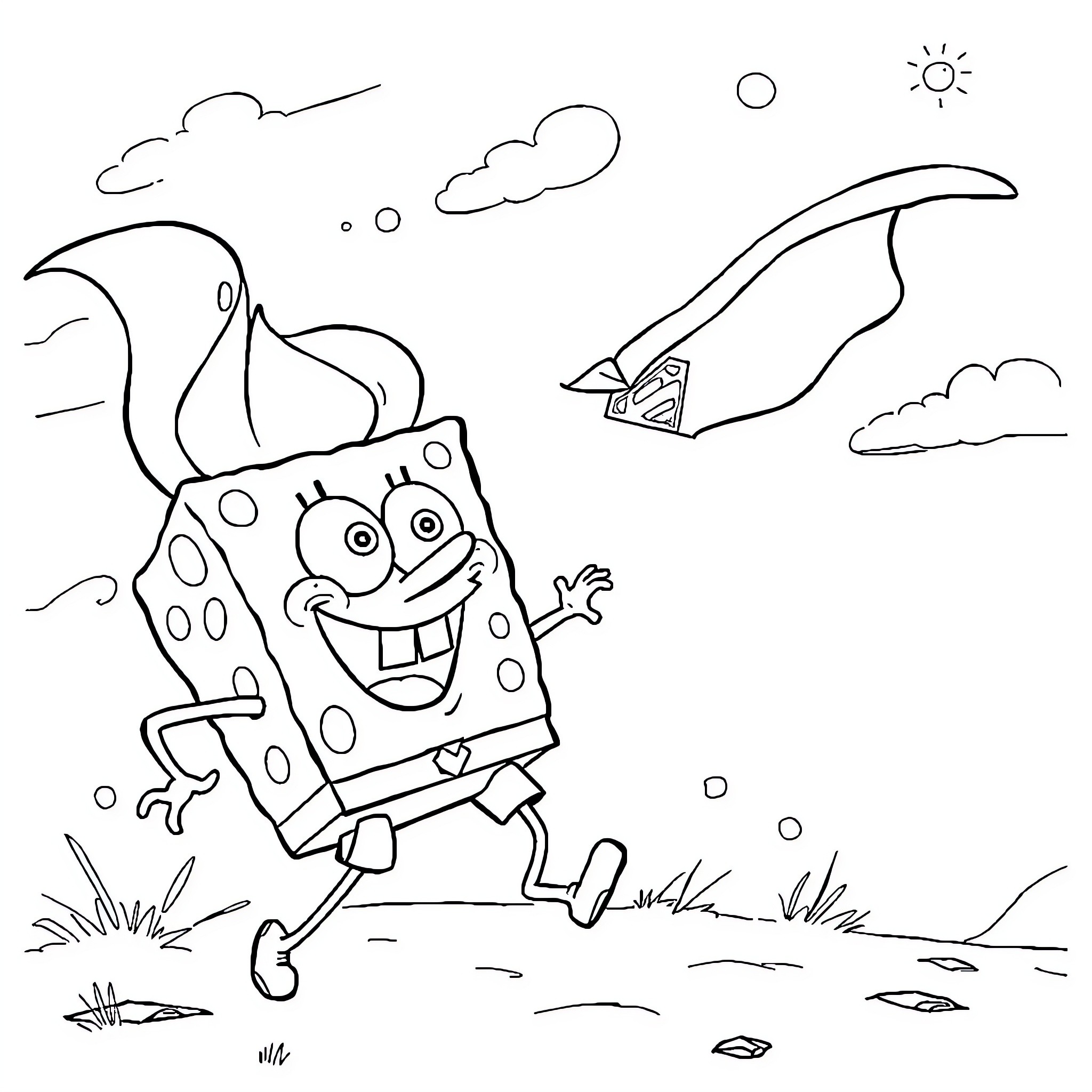 Sponge Bob running happily in the park Coloring Page (free black-and-white line drawing printable PDF for all, from beginners to advanced learners, including children, teens, adults, and seniors)
