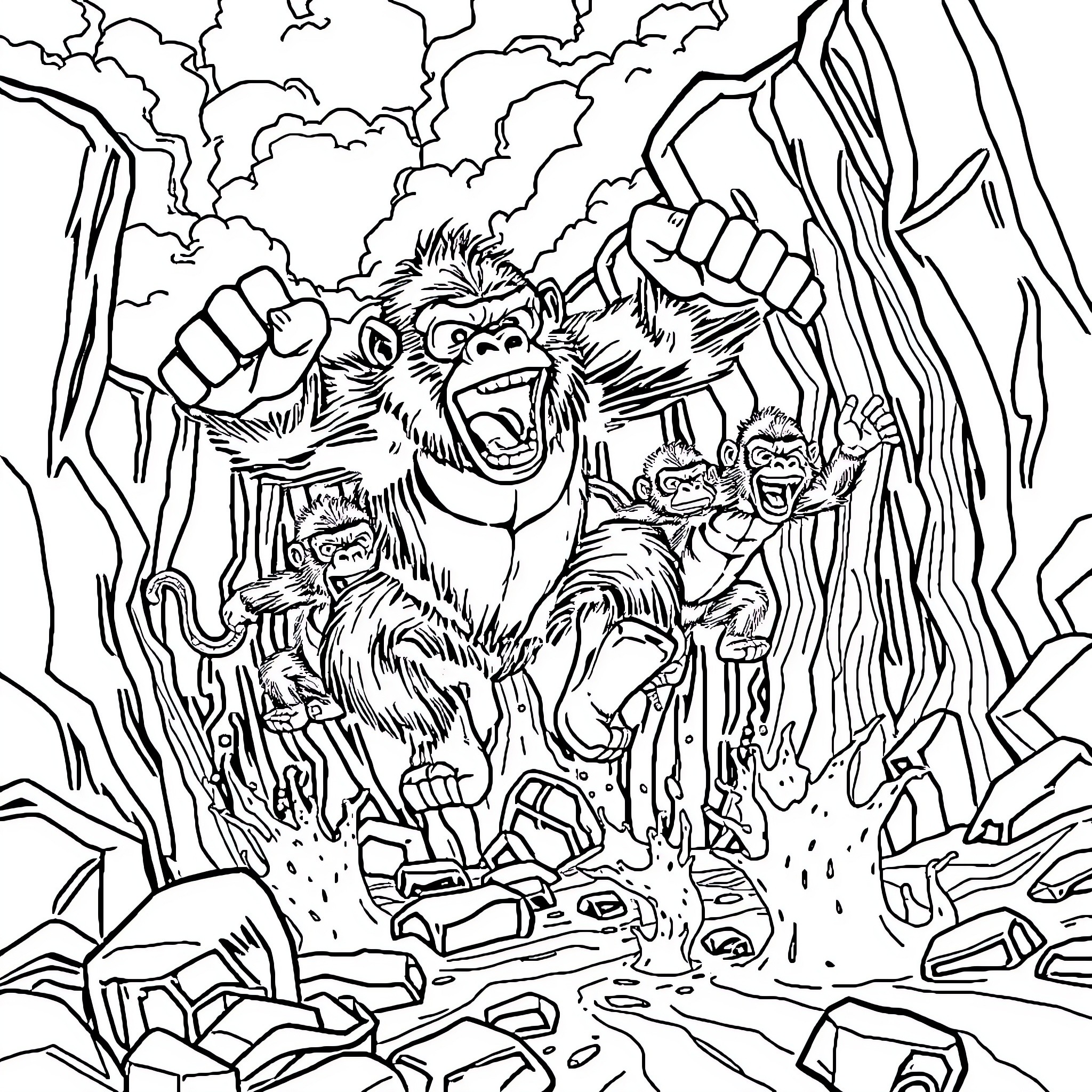 Gorilla destroying city in rage Coloring Page (free black-and-white line drawing printable PDF for all, from beginners to advanced learners, including children, teens, adults, and seniors)