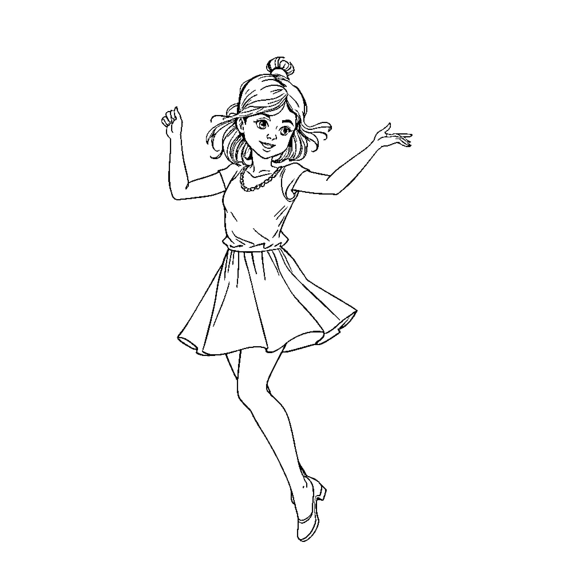 Girl Joyfully Dancing in Dress Coloring Page (free black-and-white line drawing printable PDF for all, from beginners to advanced learners, including children, teens, adults, and seniors)