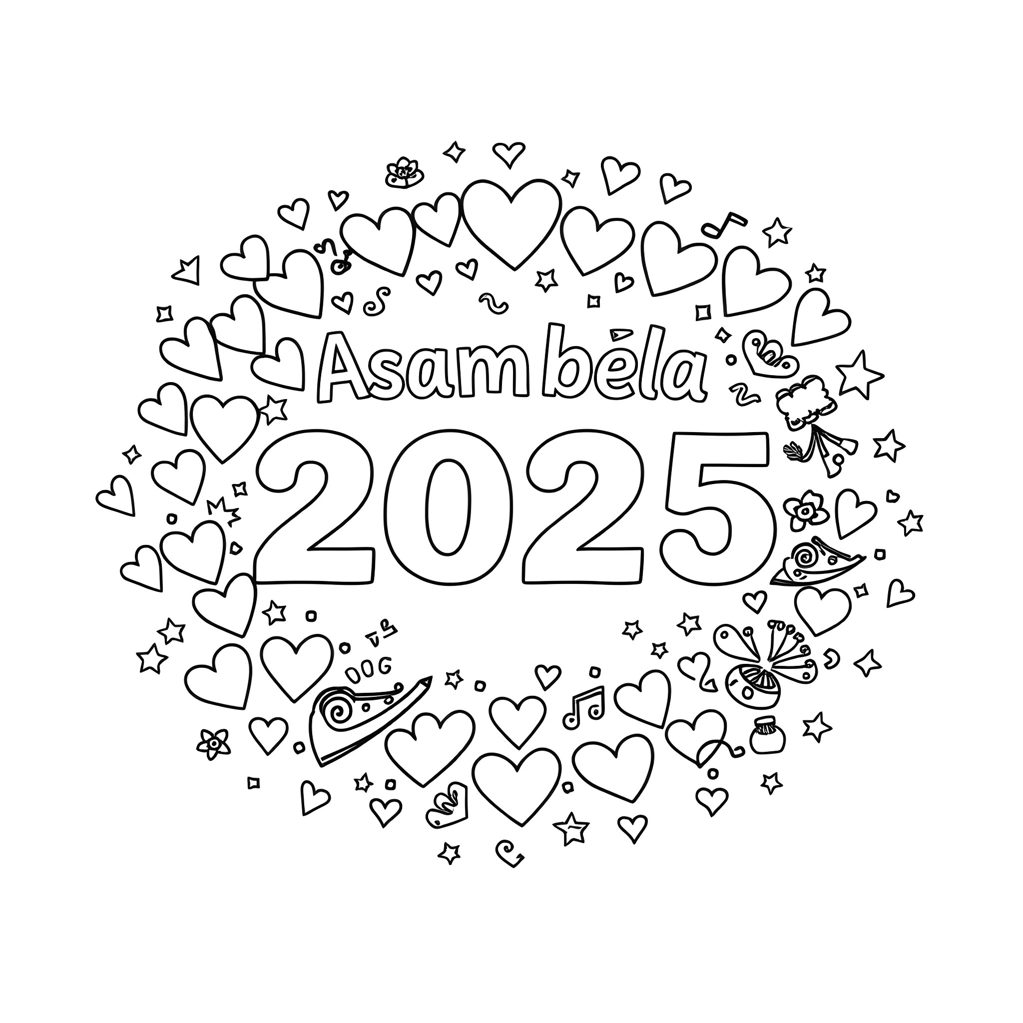 Text with hearts, stars, and festive elements Coloring Page (free black-and-white line drawing printable PDF for all, from beginners to advanced learners, including children, teens, adults, and seniors)