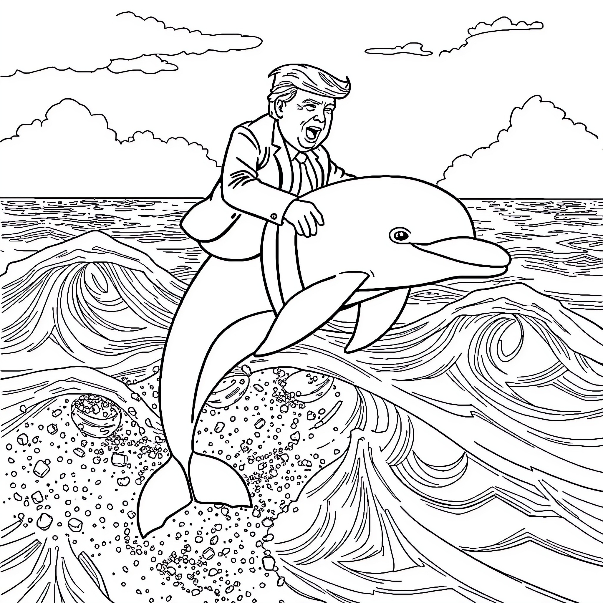 Trump Interacts with Playful Dolphin in Aquatic Setting Coloring Page (free black-and-white line drawing printable PDF for all, from beginners to advanced learners, including children, teens, adults, and seniors)