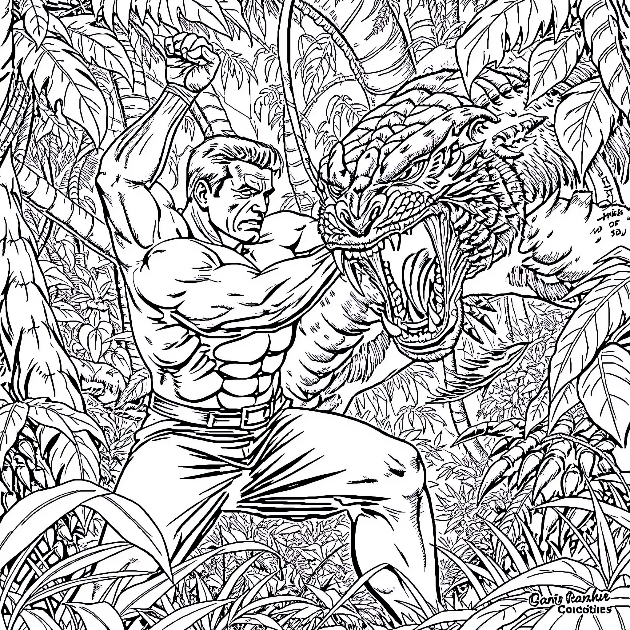 Predator battles ferocious jungle beast Coloring Page (free black-and-white line drawing printable PDF for all, from beginners to advanced learners, including children, teens, adults, and seniors)