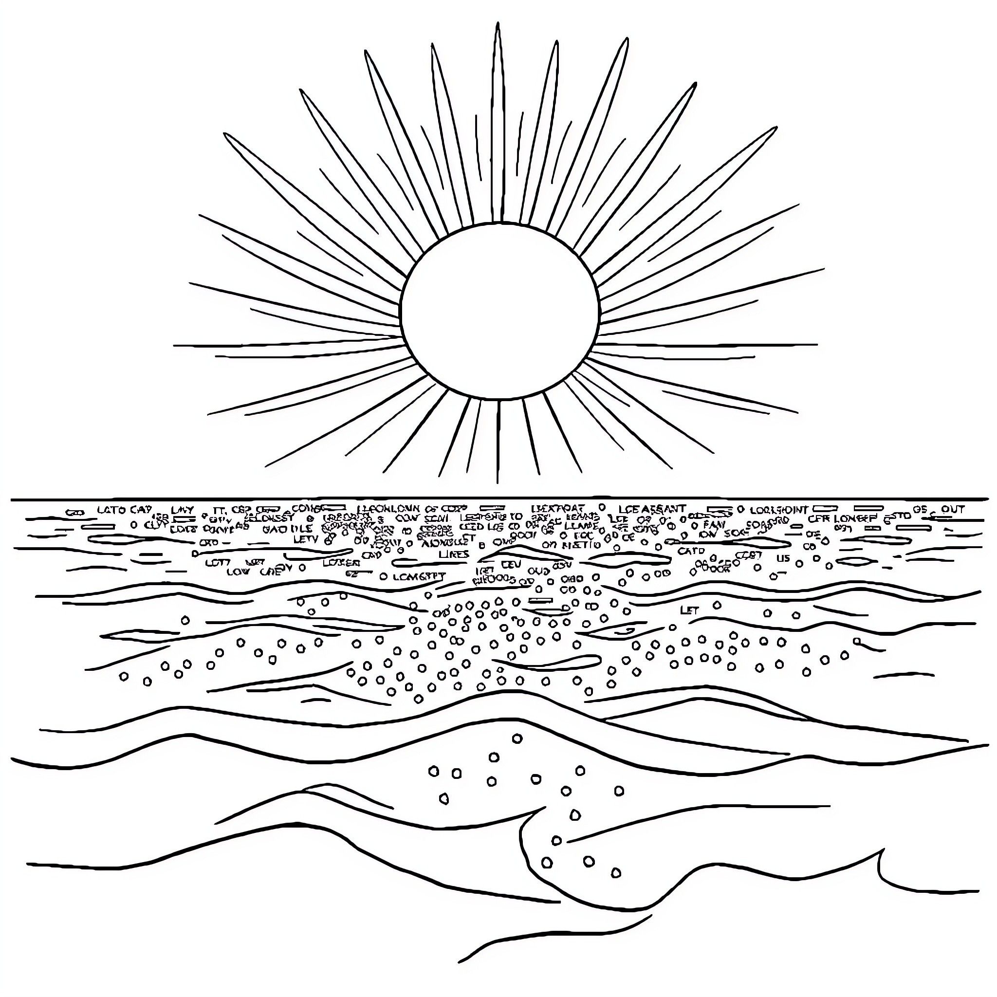 Sun shining over peaceful landscape Coloring Page (free black-and-white line drawing printable PDF for all, from beginners to advanced learners, including children, teens, adults, and seniors)