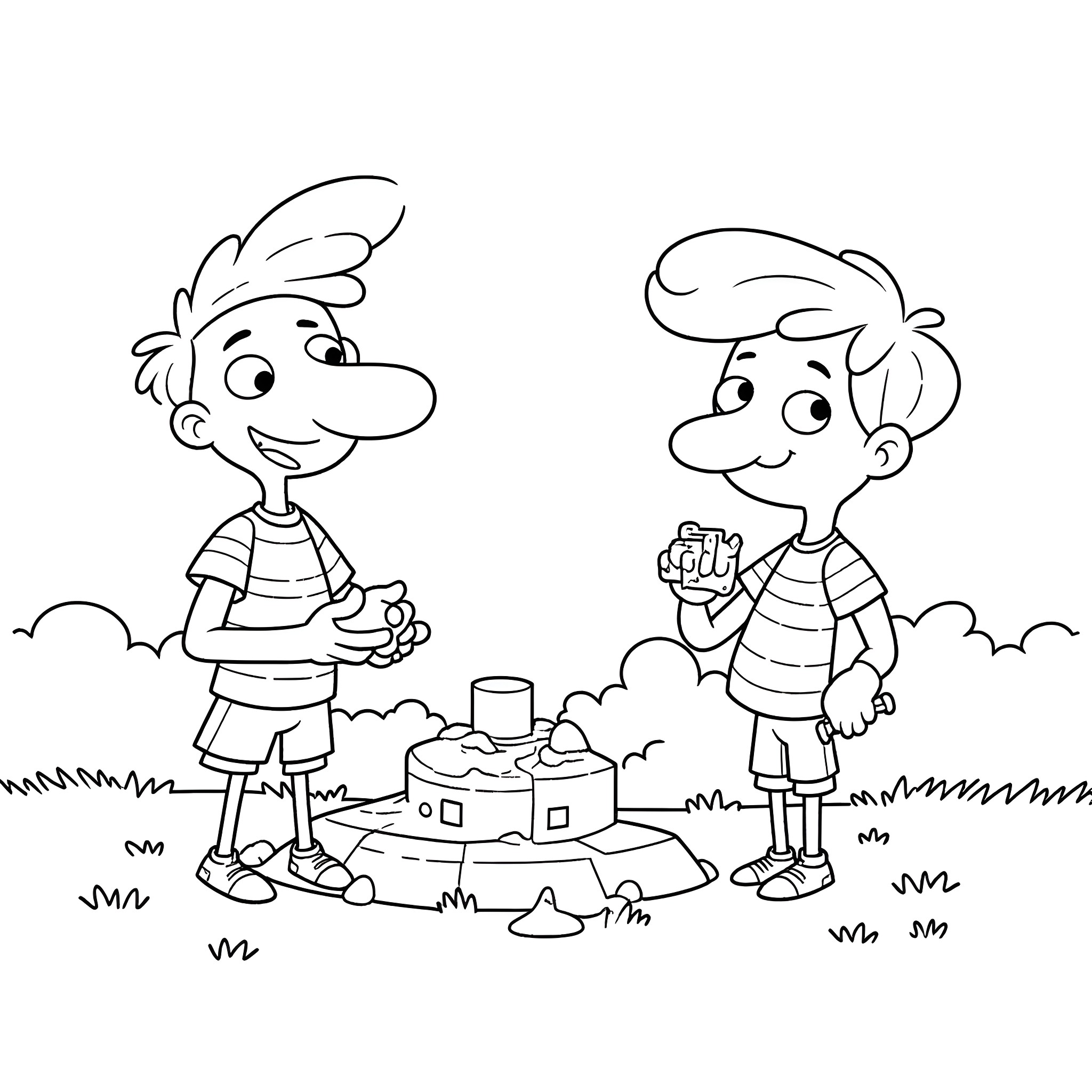 Phineas and Ferb playing with toys in the backyard Coloring Page (free black-and-white line drawing printable PDF for all, from beginners to advanced learners, including children, teens, adults, and seniors)