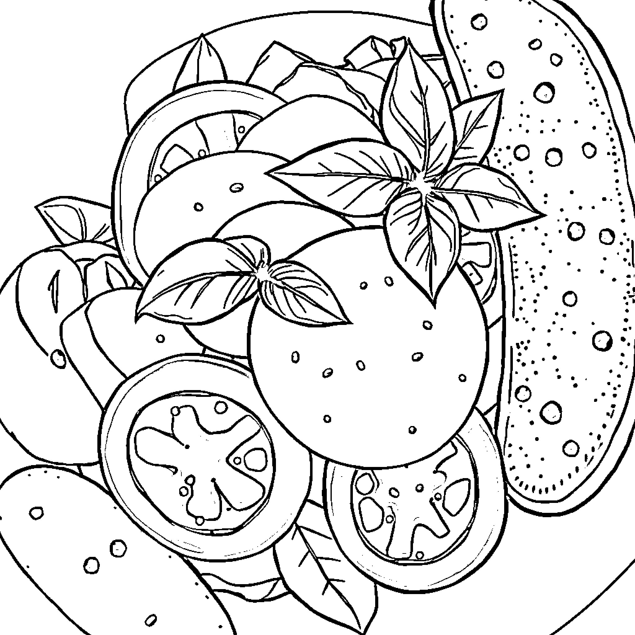 Salad with assorted fresh vegetables and herbs Coloring Page (free black-and-white line drawing printable PDF for all, from beginners to advanced learners, including children, teens, adults, and seniors)