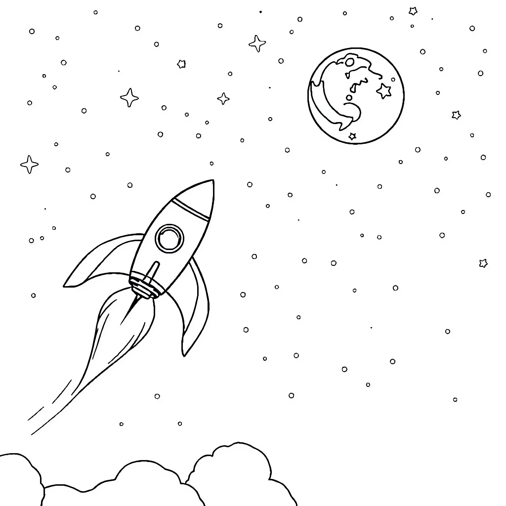 Rocket launching into the starry night sky Coloring Page (free black-and-white line drawing printable PDF for all, from beginners to advanced learners, including children, teens, adults, and seniors)