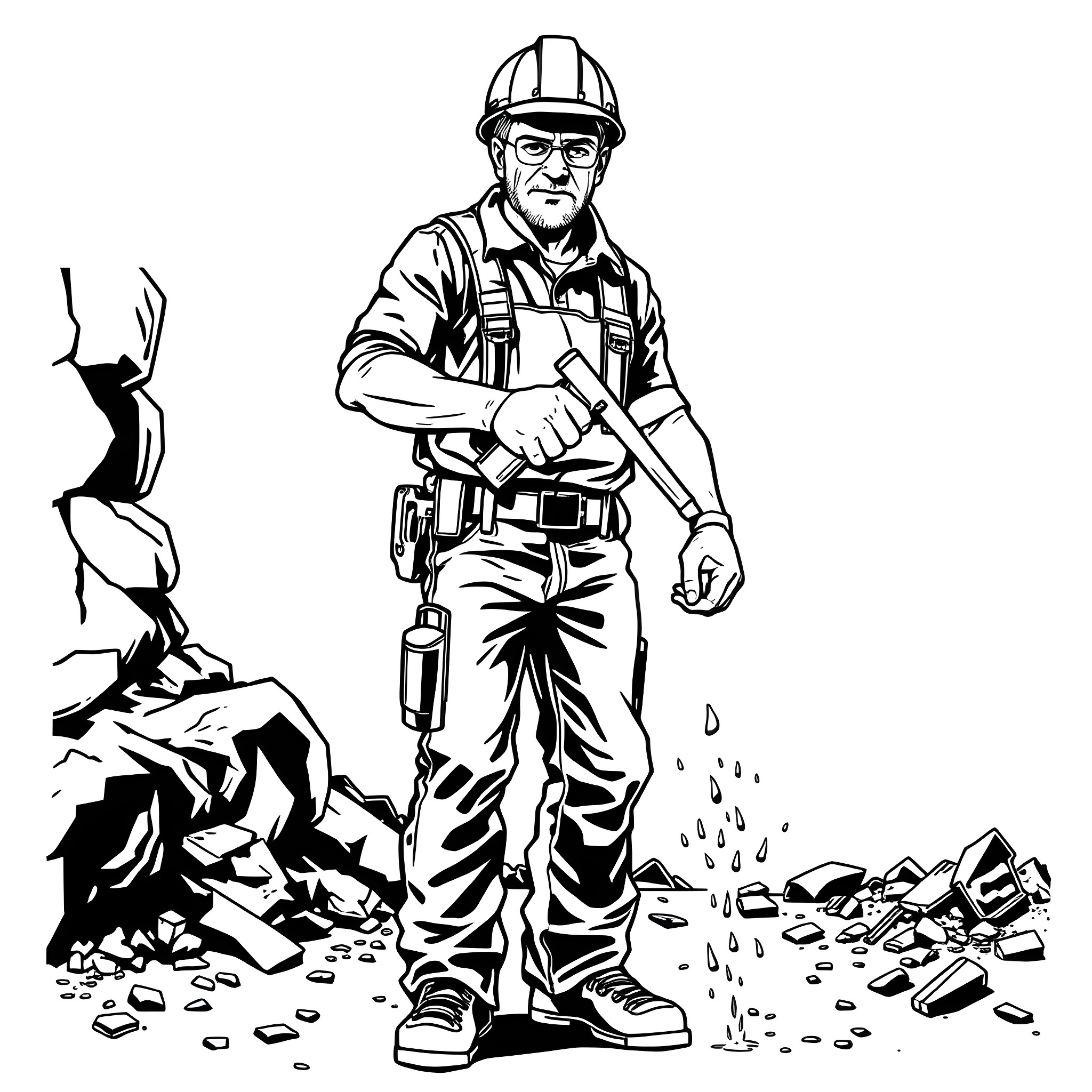 Worker in Protective Gear at Construction Site Coloring Page (free black-and-white line drawing printable PDF for all, from beginners to advanced learners, including children, teens, adults, and seniors)
