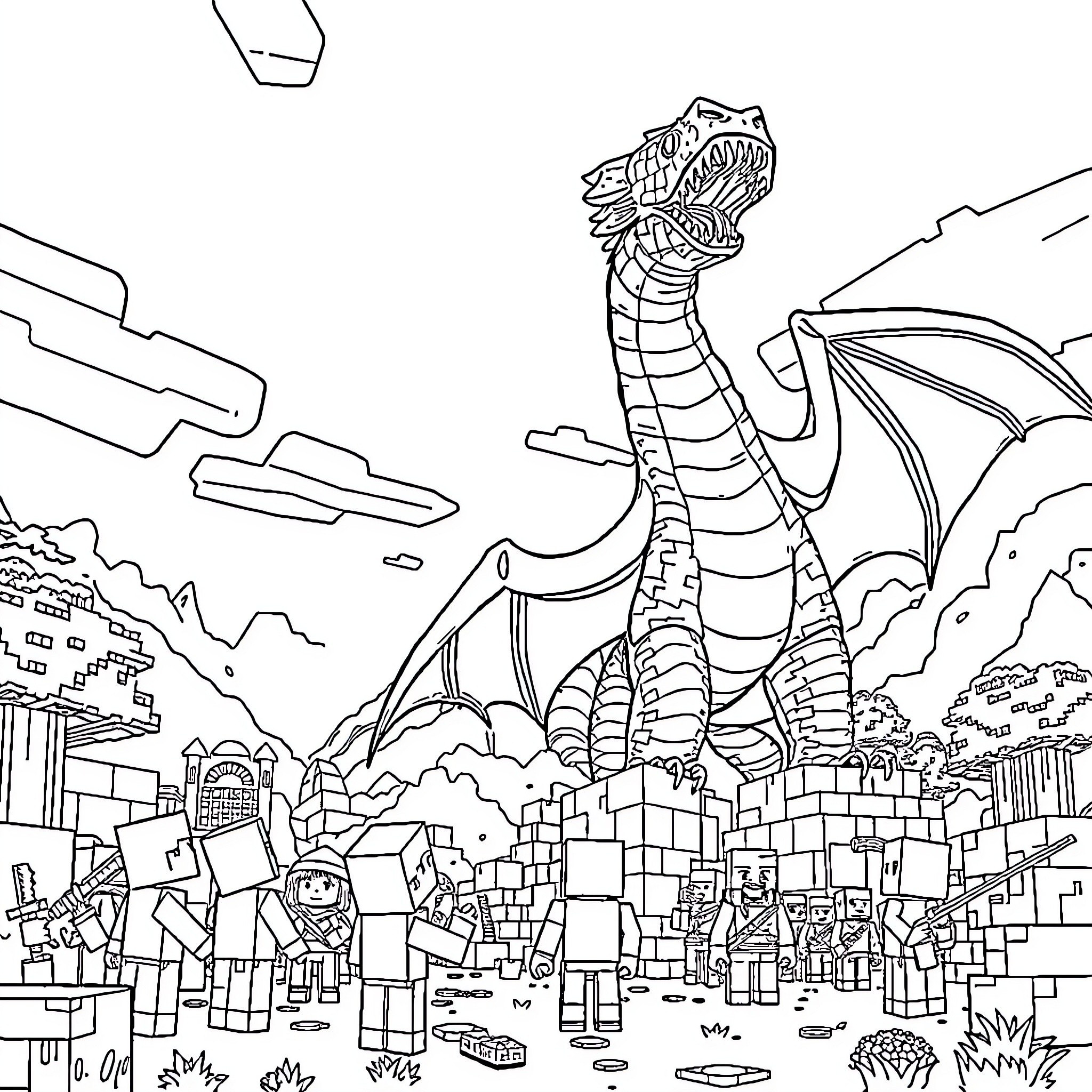 Minecraft Dragon Terrorizing Blocky Villagers Coloring Page (free black-and-white line drawing printable PDF for all, from beginners to advanced learners, including children, teens, adults, and seniors)