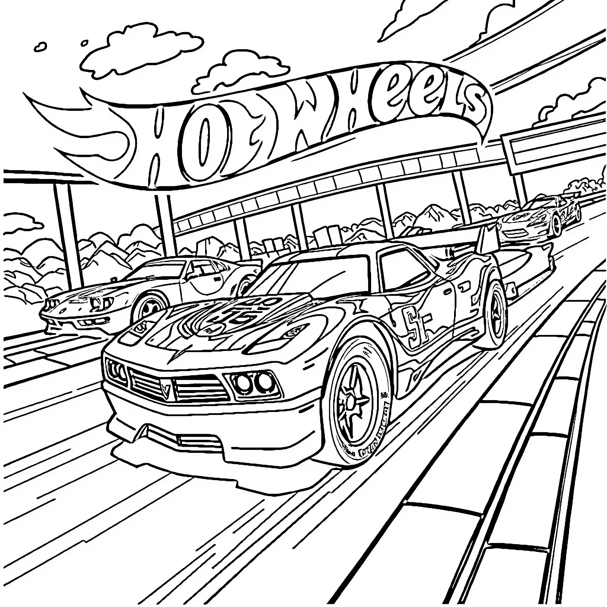 Hot Wheels racing cars on the track Coloring Page (free black-and-white line drawing printable PDF for all, from beginners to advanced learners, including children, teens, adults, and seniors)