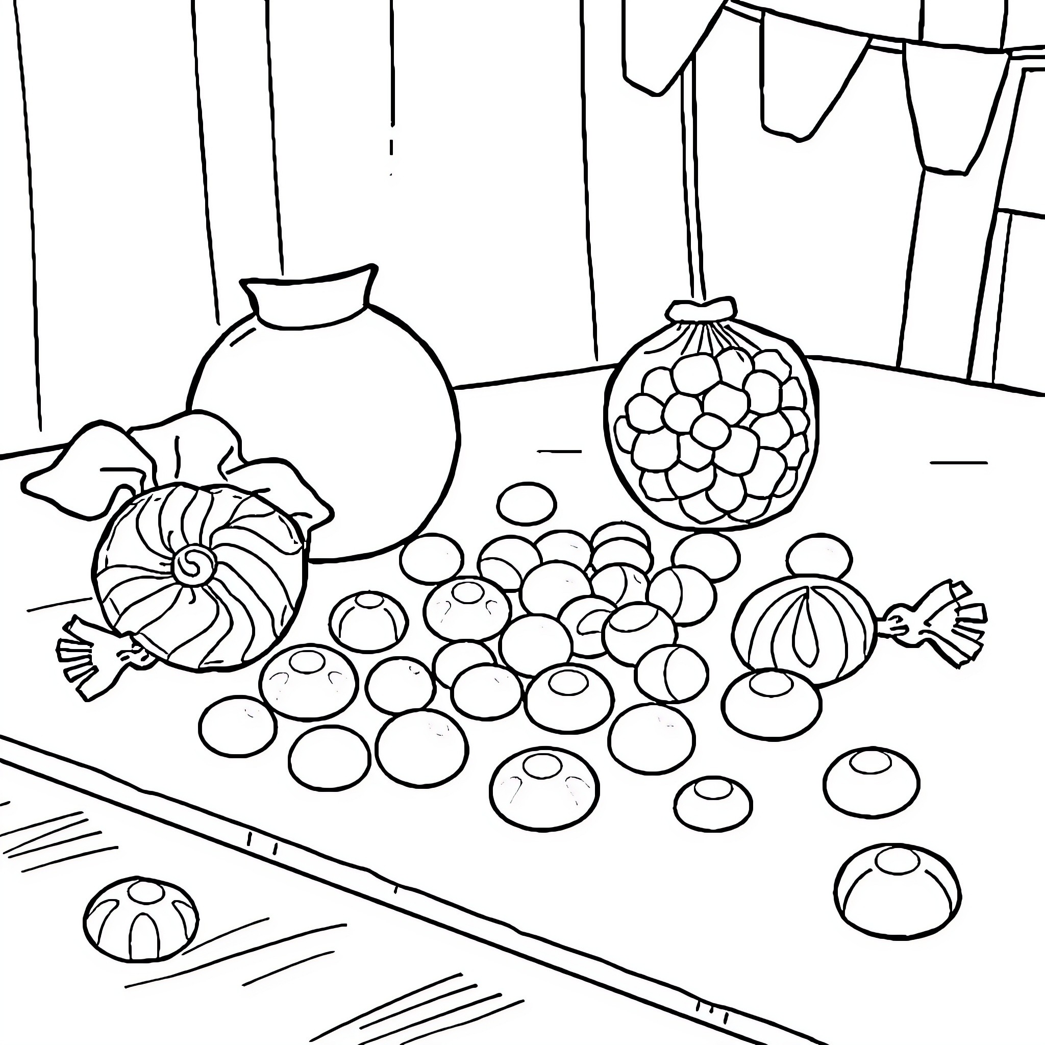 Candy-Filled Assortment on Shelves Coloring Page (free black-and-white line drawing printable PDF for all, from beginners to advanced learners, including children, teens, adults, and seniors)