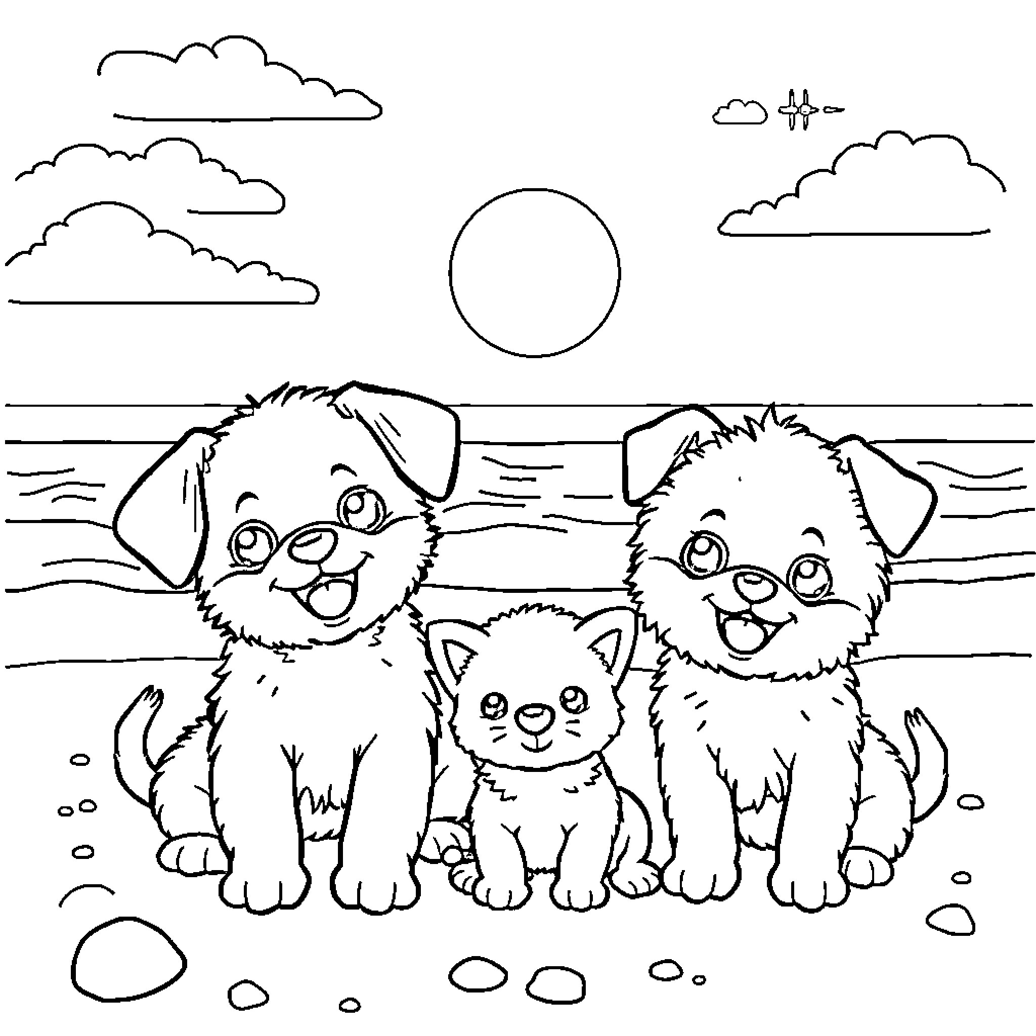 Animal trio playing by the beach Coloring Page (free black-and-white line drawing printable PDF for all, from beginners to advanced learners, including children, teens, adults, and seniors)