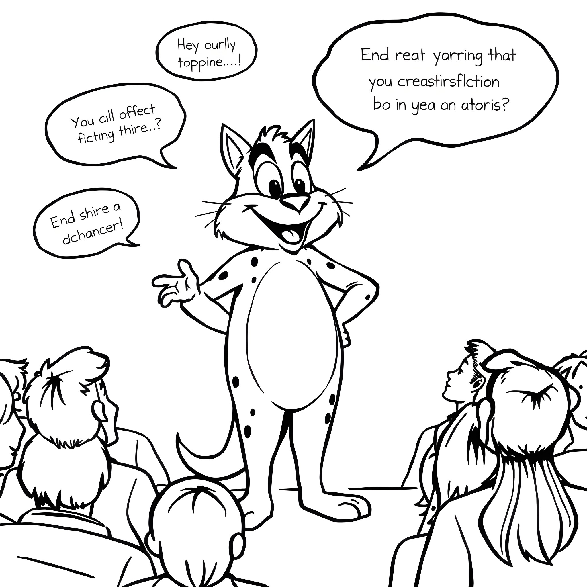 Fleccas' comical cartoon animals in a lively dialogue Coloring Page (free black-and-white line drawing printable PDF for all, from beginners to advanced learners, including children, teens, adults, and seniors)
