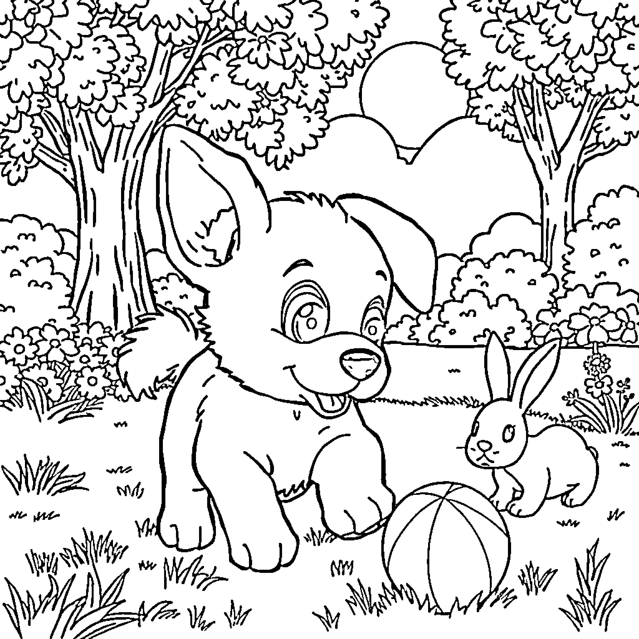 Puppy playing in a lush forest landscape Coloring Page (free black-and-white line drawing printable PDF for all, from beginners to advanced learners, including children, teens, adults, and seniors)