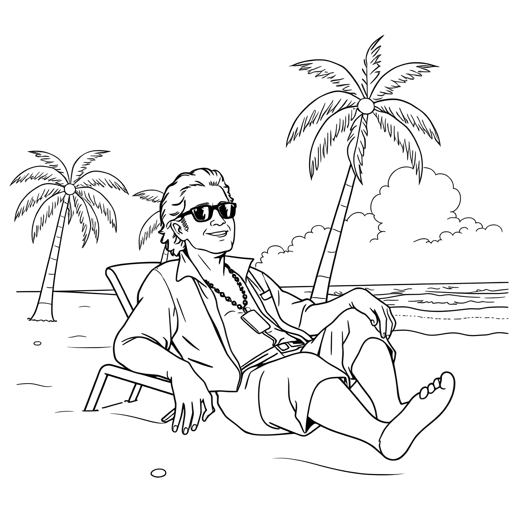 George Jefferson relaxing on the beach with palm trees Coloring Page (free black-and-white line drawing printable PDF for all, from beginners to advanced learners, including children, teens, adults, and seniors)