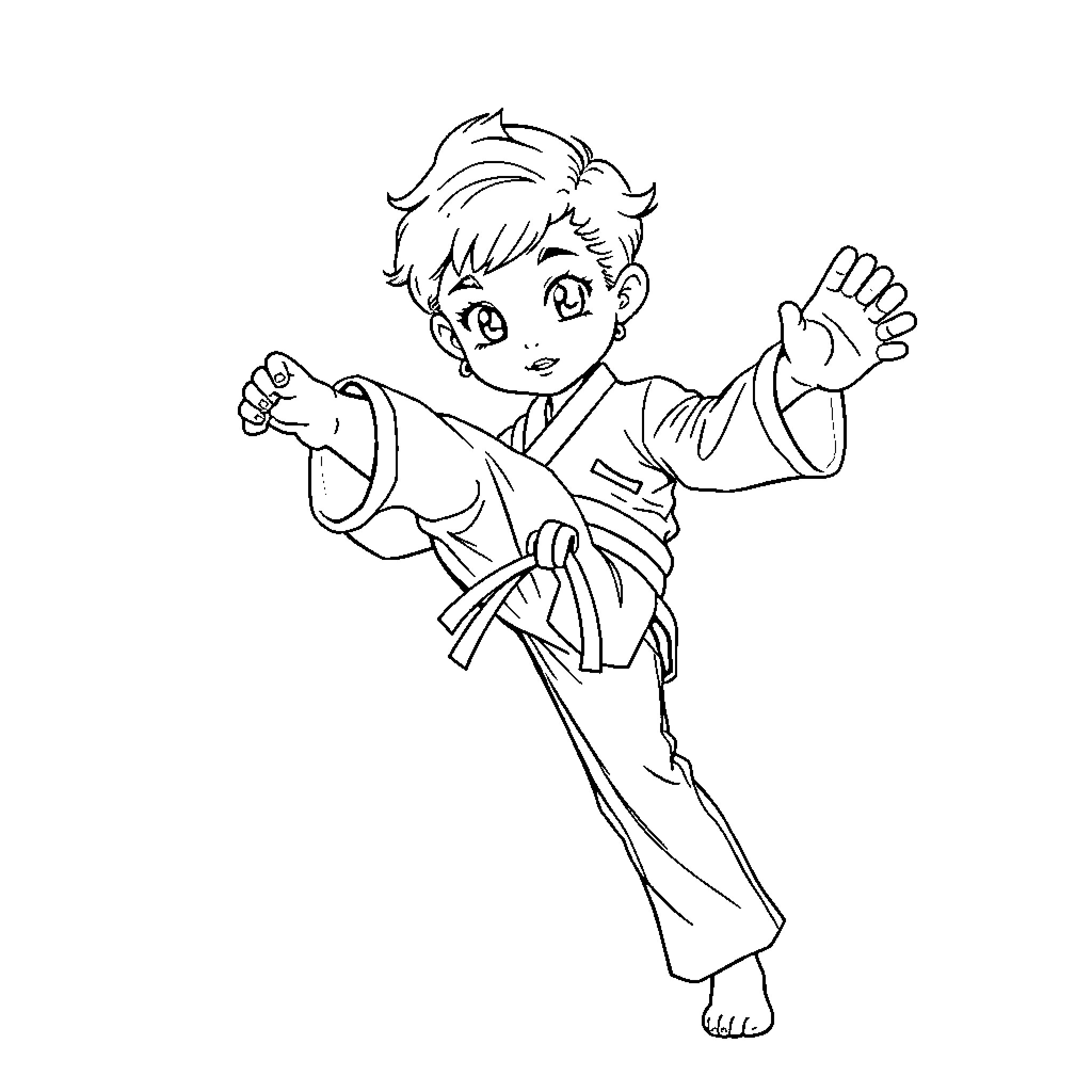 Girl practicing martial arts in a karate uniform Coloring Page (free black-and-white line drawing printable PDF for all, from beginners to advanced learners, including children, teens, adults, and seniors)