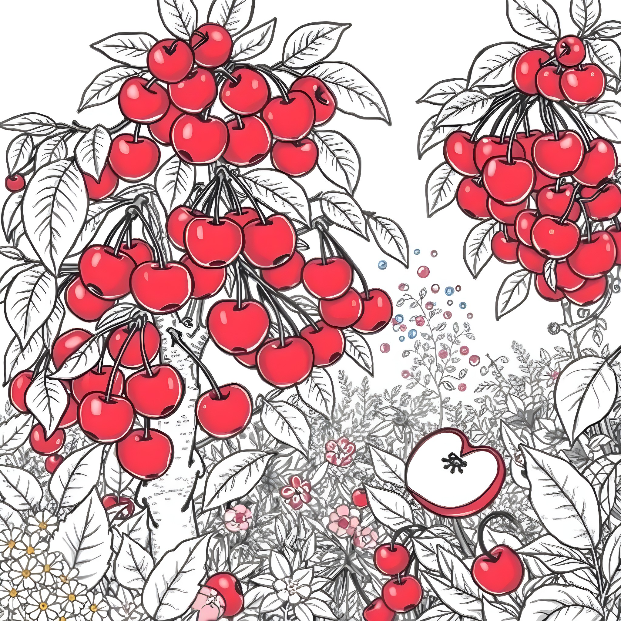 Cherry Blossoms and Fruit in a Lush Garden Coloring Page (free black-and-white line drawing printable PDF for all, from beginners to advanced learners, including children, teens, adults, and seniors)
