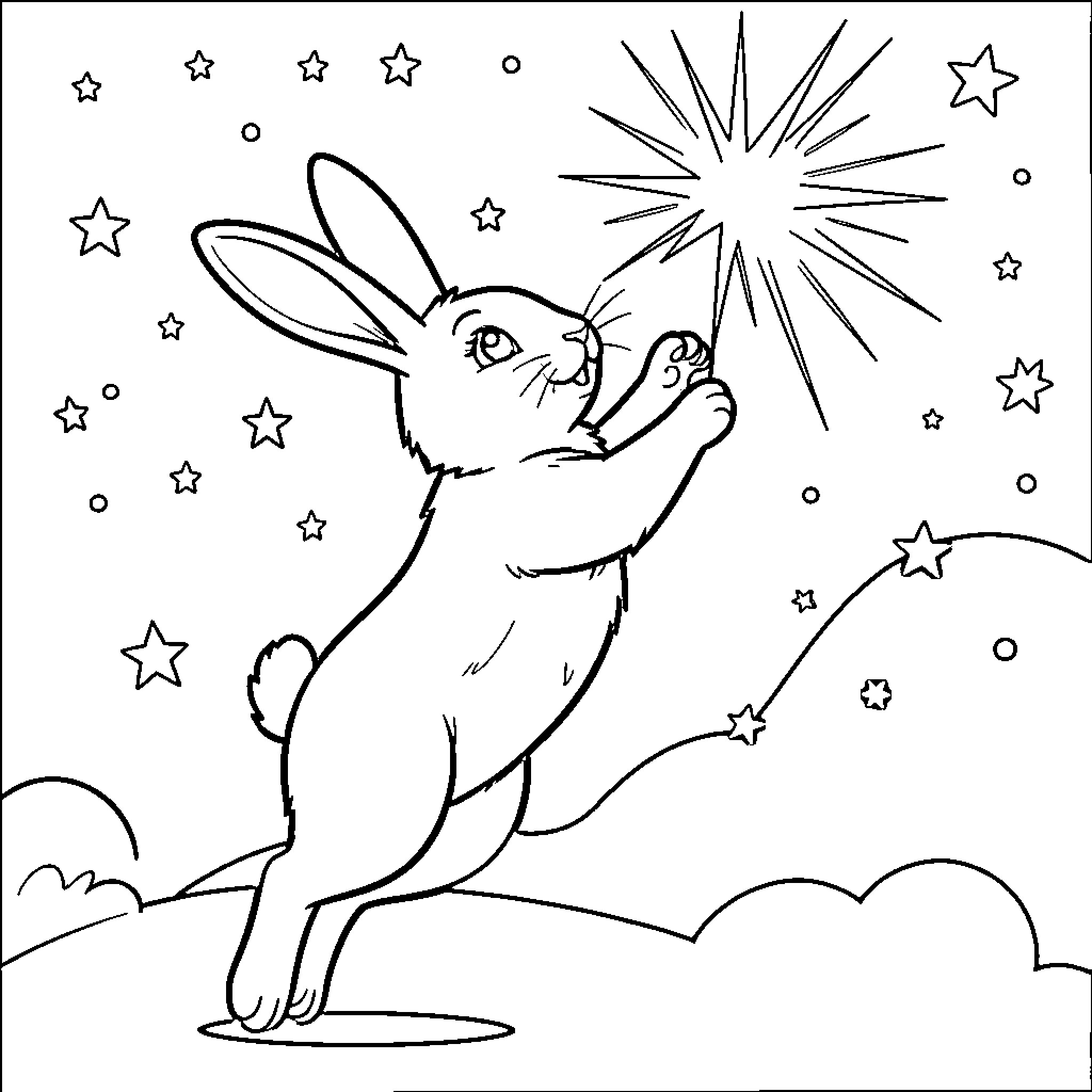 Rabbit reaching up to touch a bright star Coloring Page (free black-and-white line drawing printable PDF for all, from beginners to advanced learners, including children, teens, adults, and seniors)