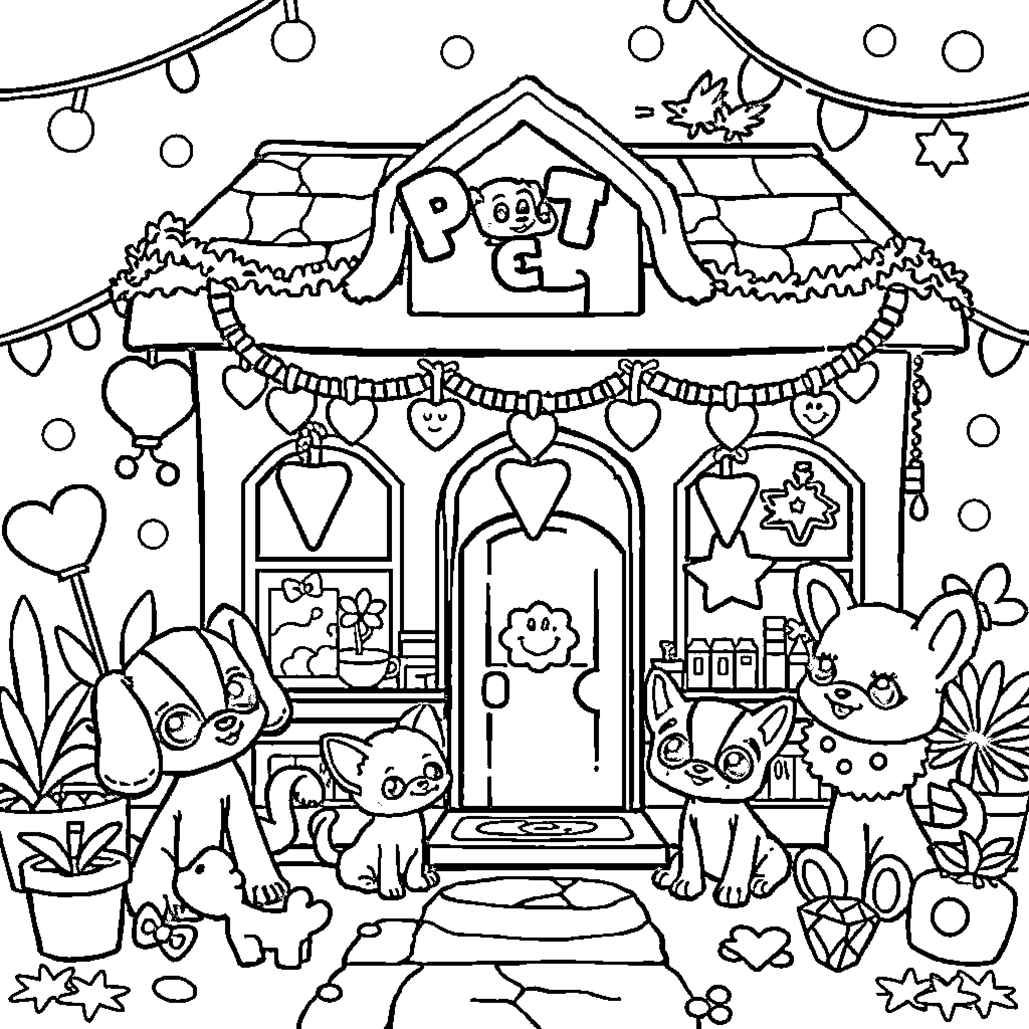 Pet Shop with Cute Animals and Festive Decor Coloring Page (free black-and-white line drawing printable PDF for all, from beginners to advanced learners, including children, teens, adults, and seniors)