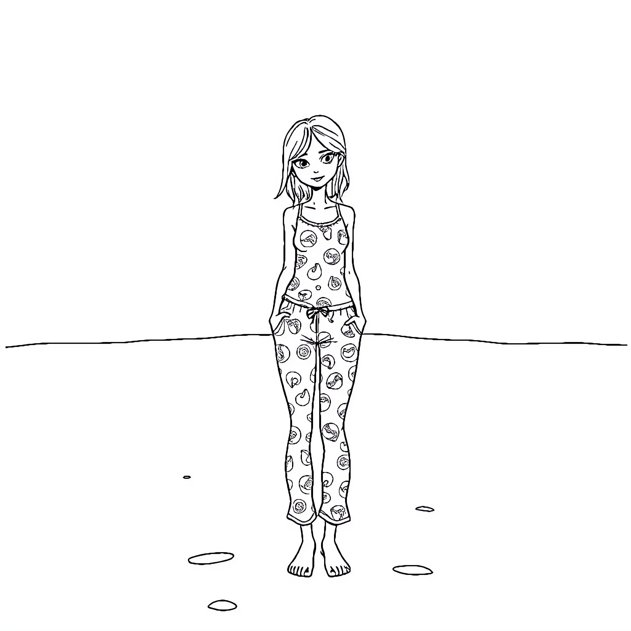 Girl in polka dot pajamas standing alone Coloring Page (free black-and-white line drawing printable PDF for all, from beginners to advanced learners, including children, teens, adults, and seniors)