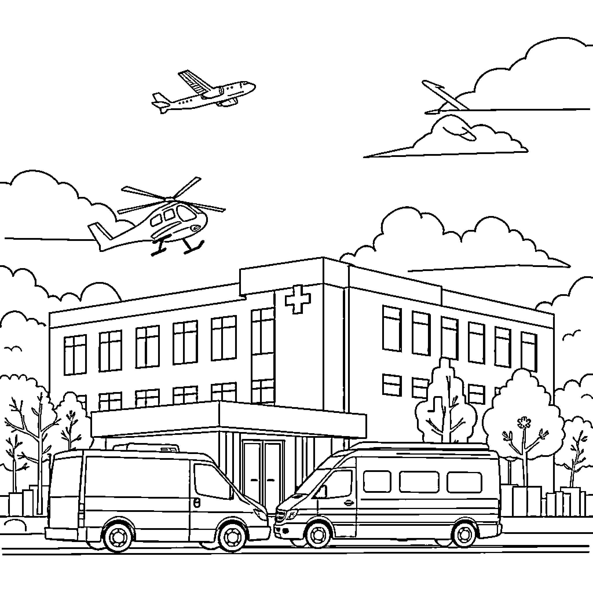 Vehicle transportation scene with planes, helicopters, and medical facilities Coloring Page (free black-and-white line drawing printable PDF for all, from beginners to advanced learners, including children, teens, adults, and seniors)