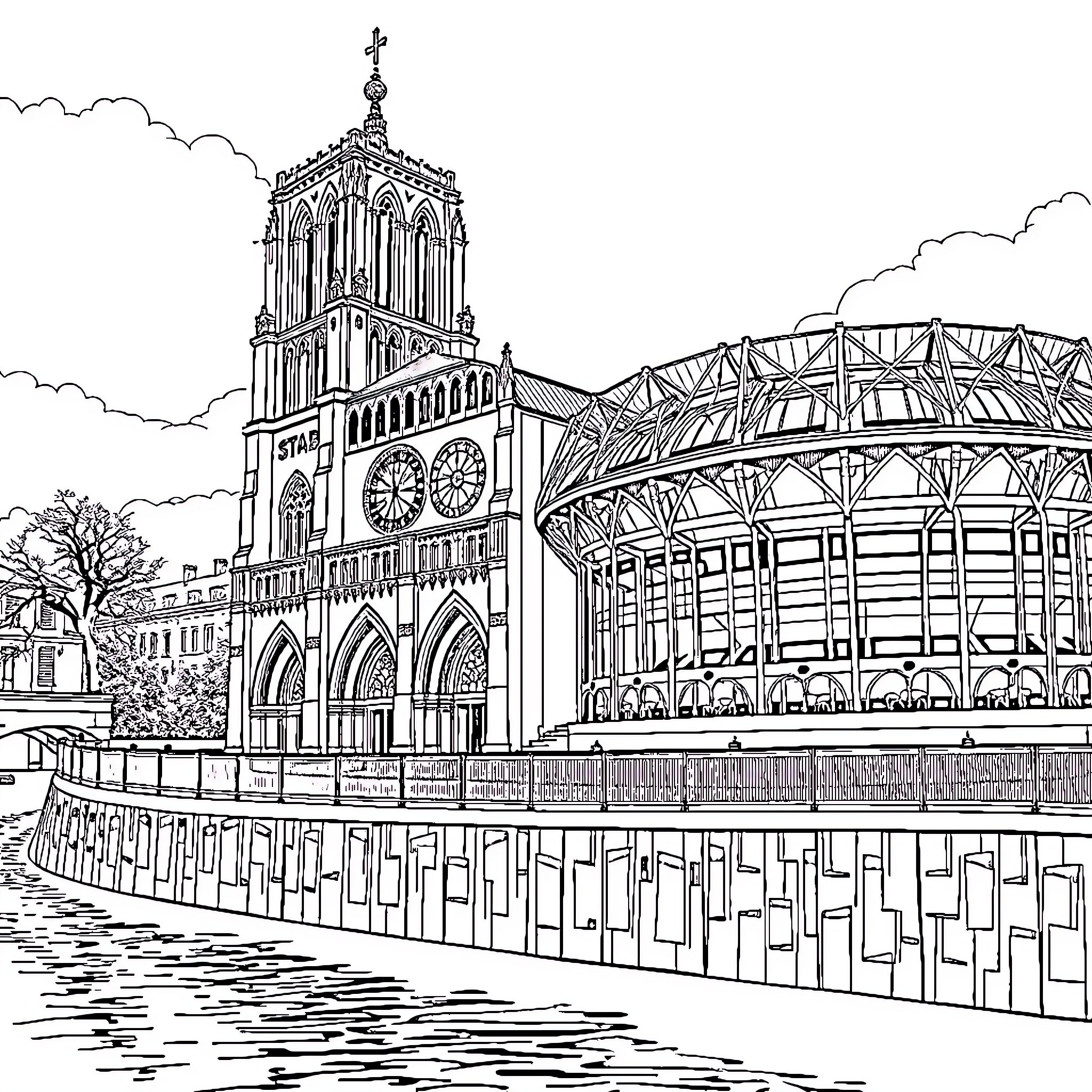 Notre-Dame Cathedral and Bridges in Architectural Sketch Coloring Page (free black-and-white line drawing printable PDF for all, from beginners to advanced learners, including children, teens, adults, and seniors)