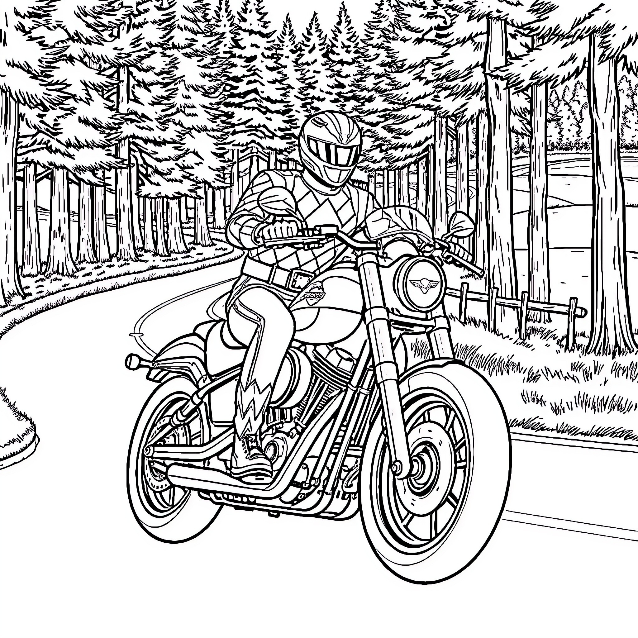 Power Ranger riding motorcycle through forest Coloring Page (free black-and-white line drawing printable PDF for all, from beginners to advanced learners, including children, teens, adults, and seniors)