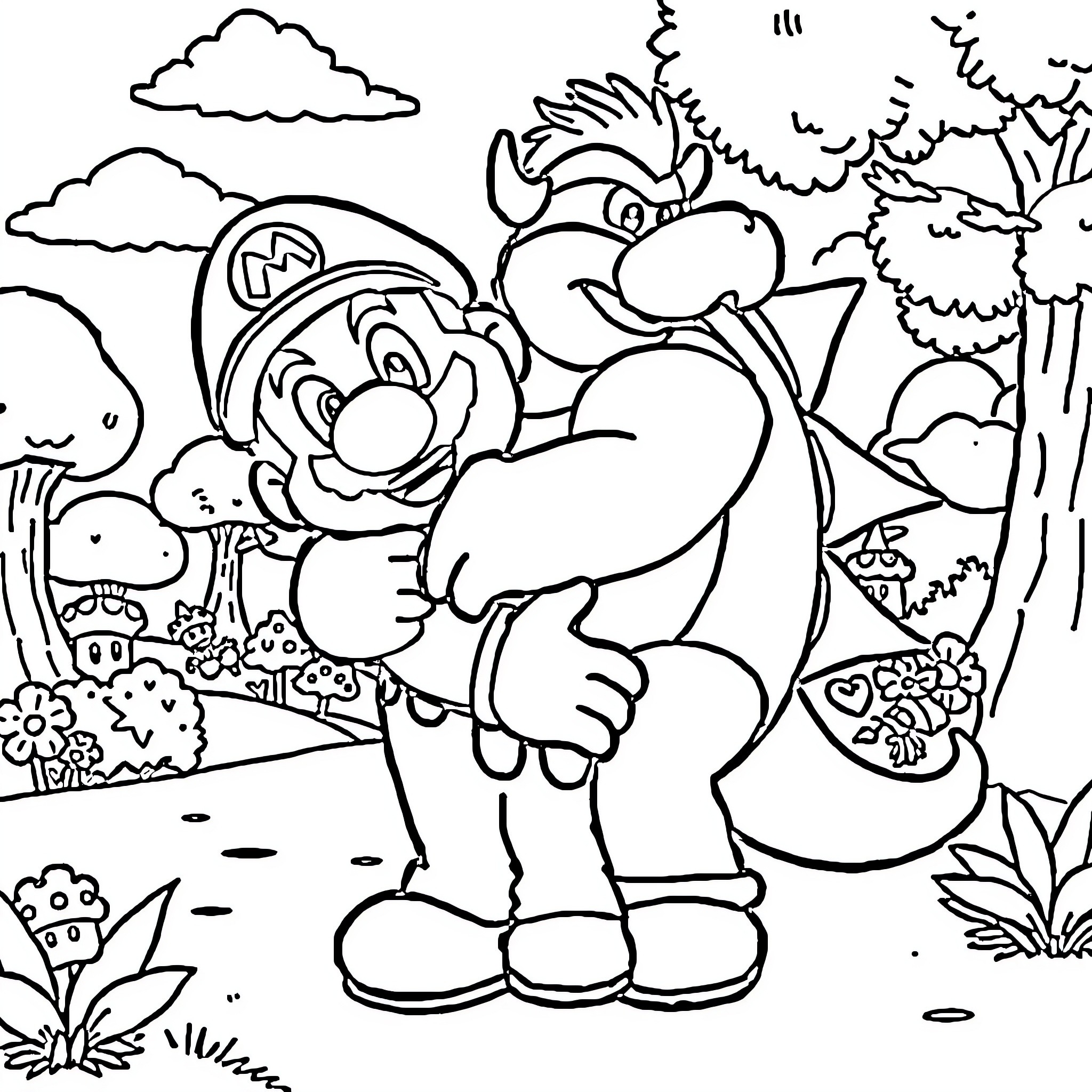 Mario's Outdoor Adventure Coloring Page (free black-and-white line drawing printable PDF for all, from beginners to advanced learners, including children, teens, adults, and seniors)