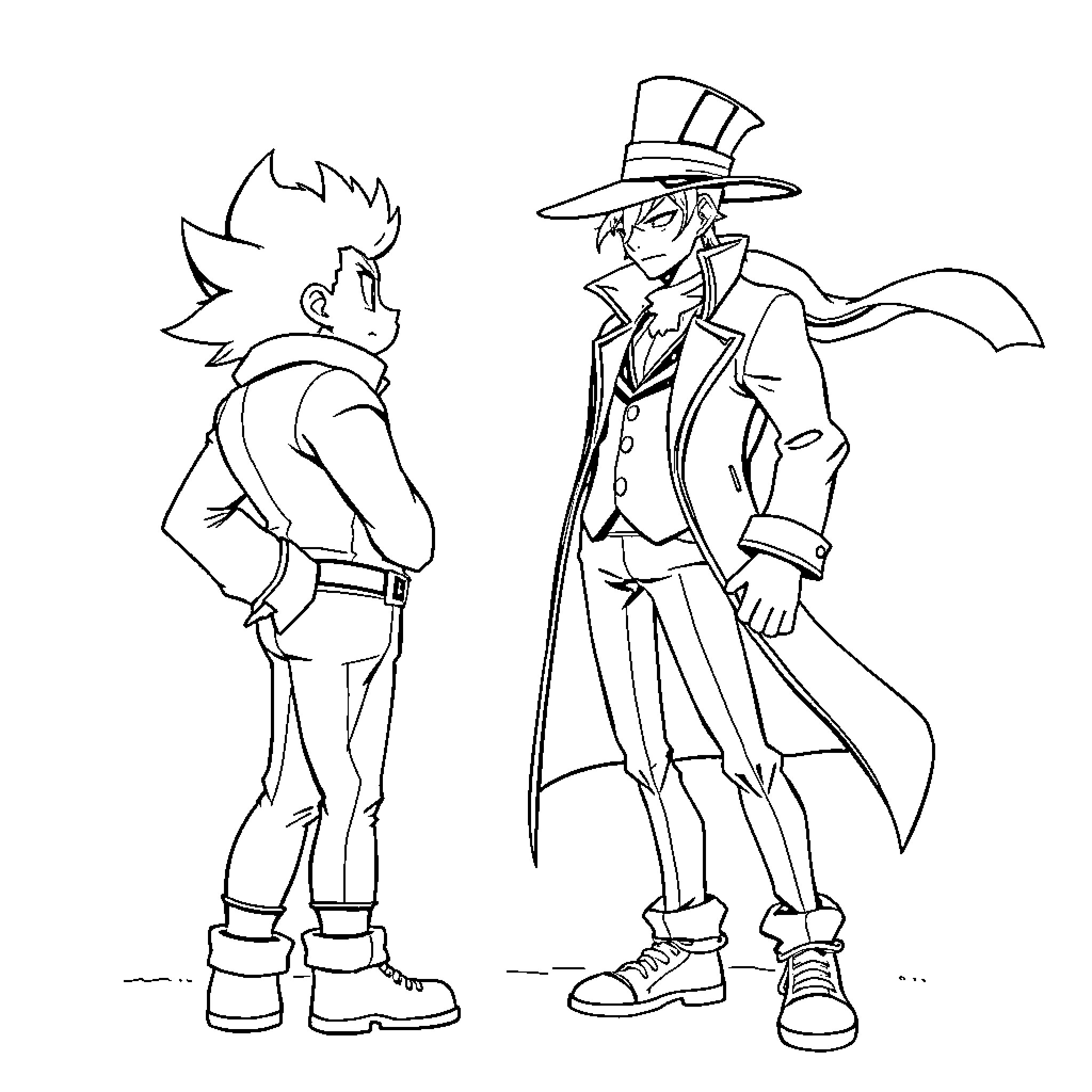 Sans two male characters in distinct outfits Coloring Page (free black-and-white line drawing printable PDF for all, from beginners to advanced learners, including children, teens, adults, and seniors)