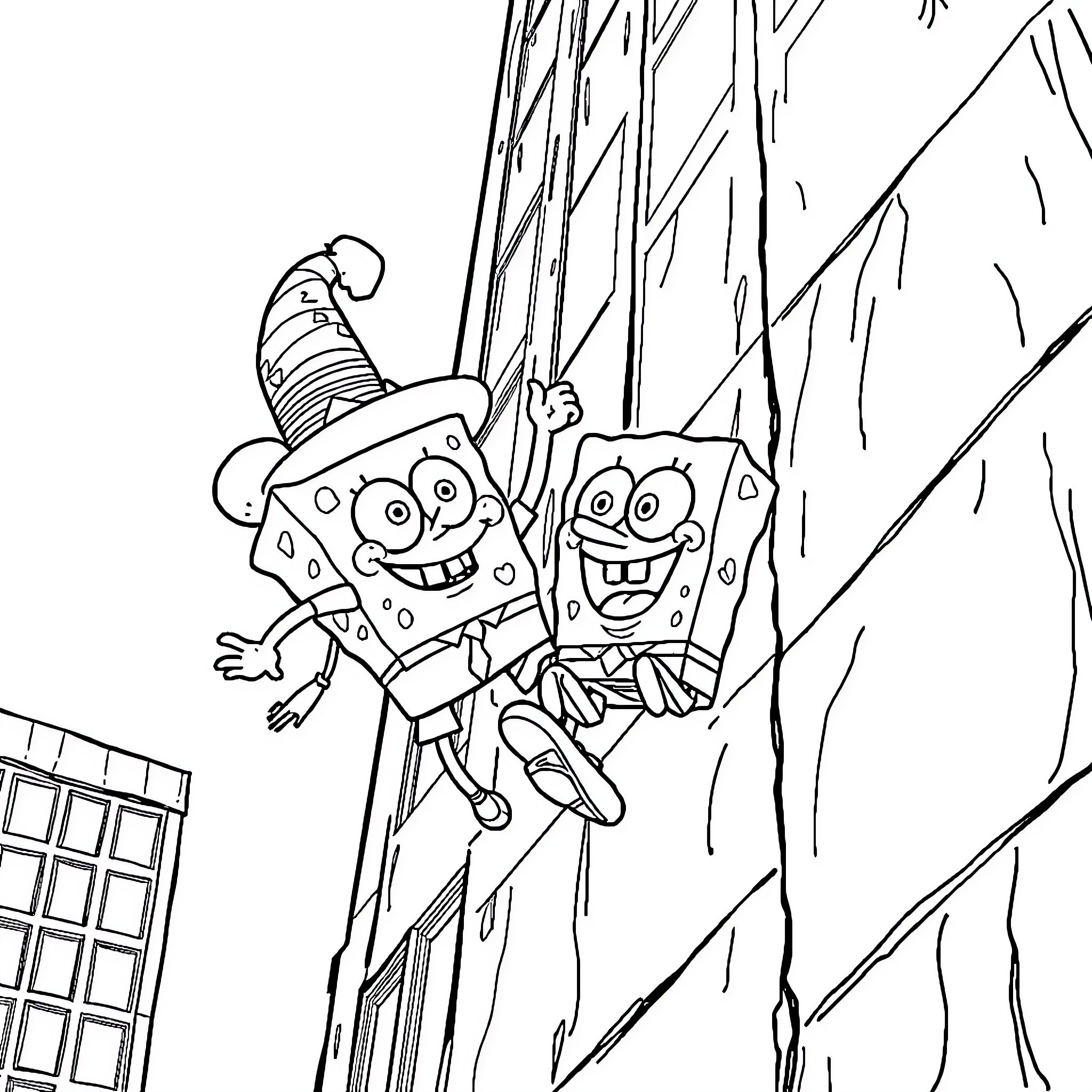 Spongebob and Patrick Climbing on Rock Wall Coloring Page (free black-and-white line drawing printable PDF for all, from beginners to advanced learners, including children, teens, adults, and seniors)