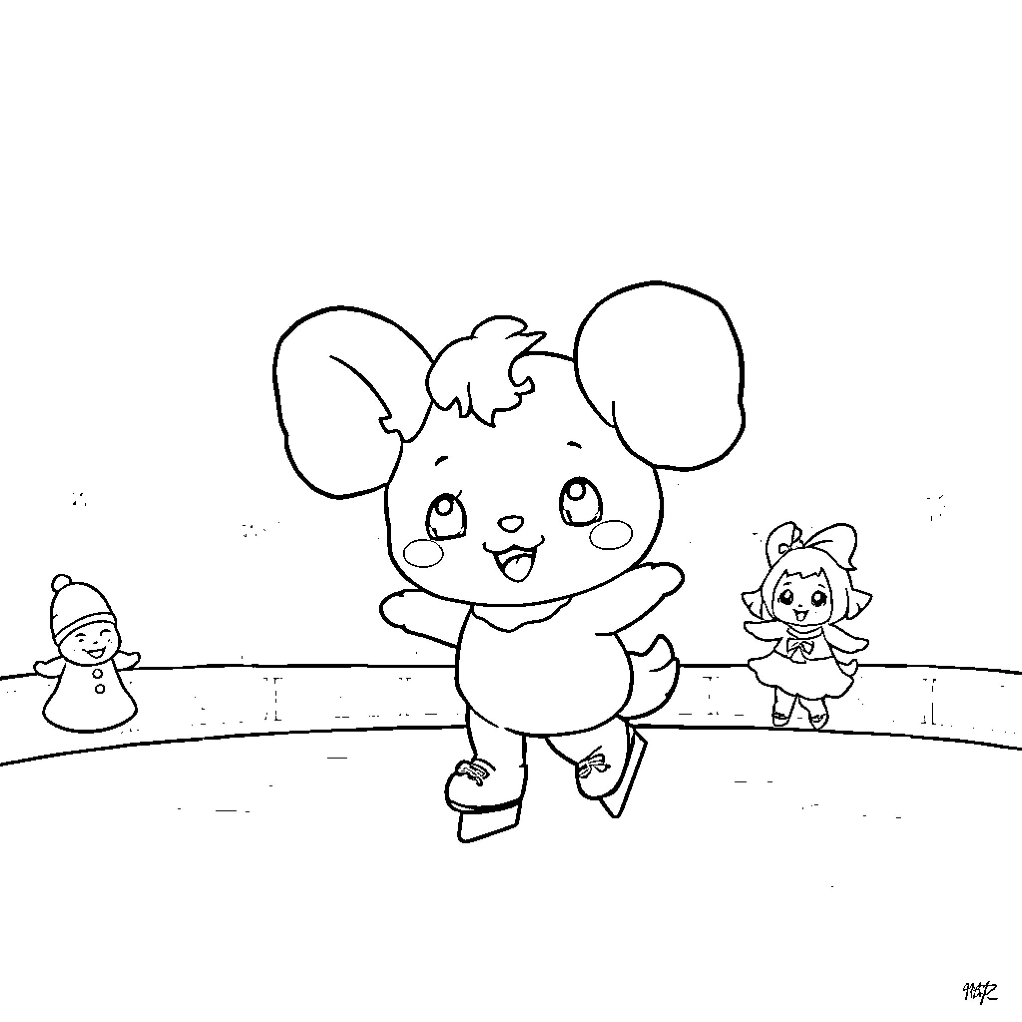 Cinnamoroll playing happily with friends in the snow Coloring Page (free black-and-white line drawing printable PDF for all, from beginners to advanced learners, including children, teens, adults, and seniors)