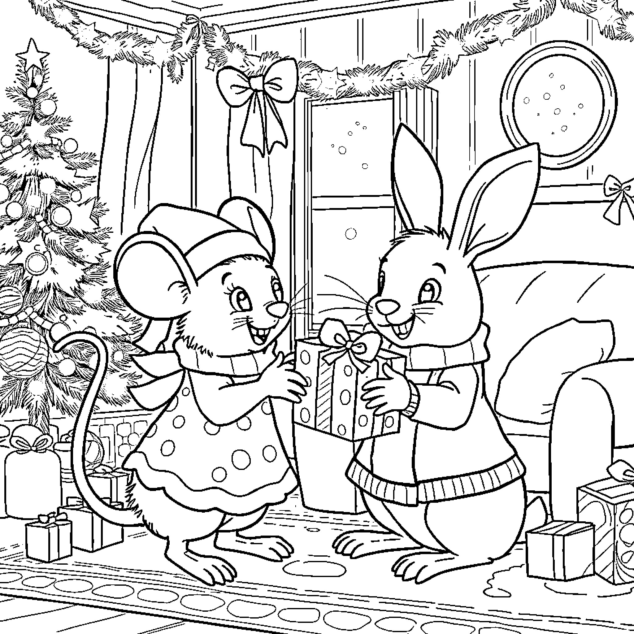 Mouse siblings exchanging gifts near Christmas tree Coloring Page (free black-and-white line drawing printable PDF for all, from beginners to advanced learners, including children, teens, adults, and seniors)