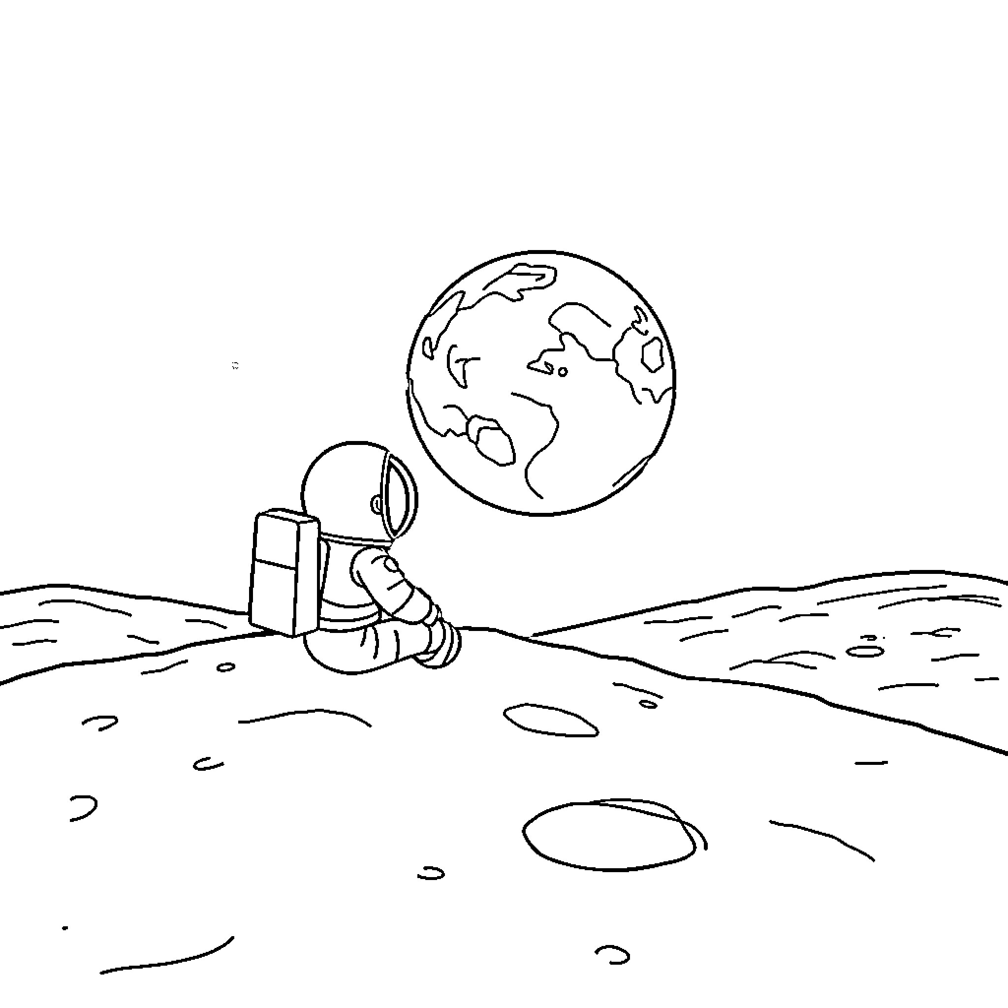 Astronaut exploring the lunar landscape Coloring Page (free black-and-white line drawing printable PDF for all, from beginners to advanced learners, including children, teens, adults, and seniors)