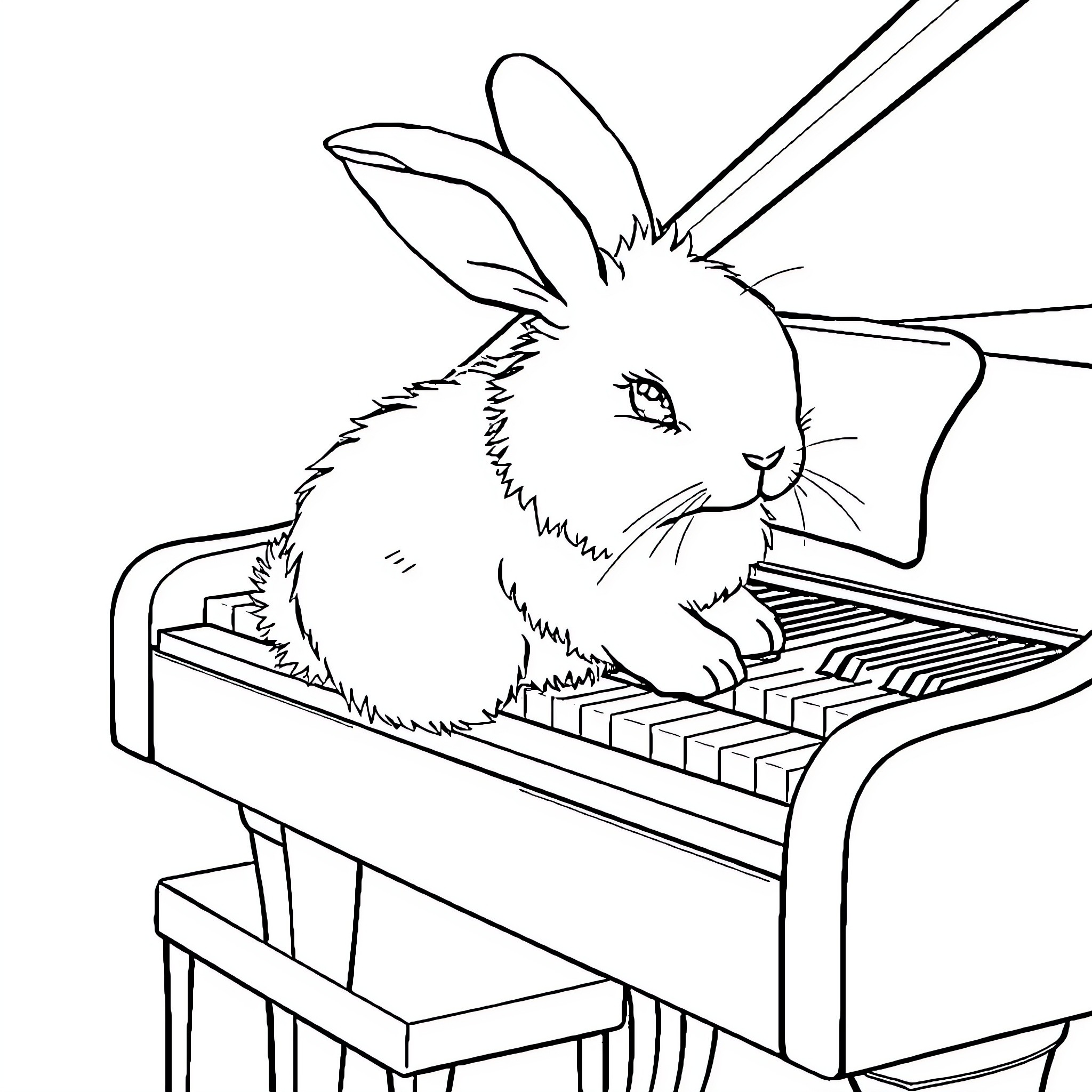 Rabbit playing on a piano Coloring Page (free black-and-white line drawing printable PDF for all, from beginners to advanced learners, including children, teens, adults, and seniors)
