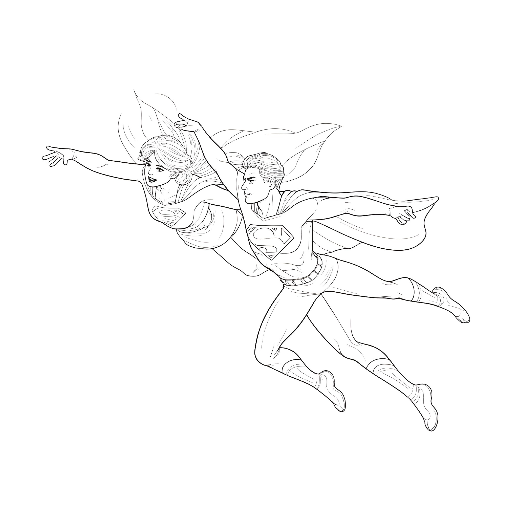 Superhero couple soaring through the sky Coloring Page (free black-and-white line drawing printable PDF for all, from beginners to advanced learners, including children, teens, adults, and seniors)
